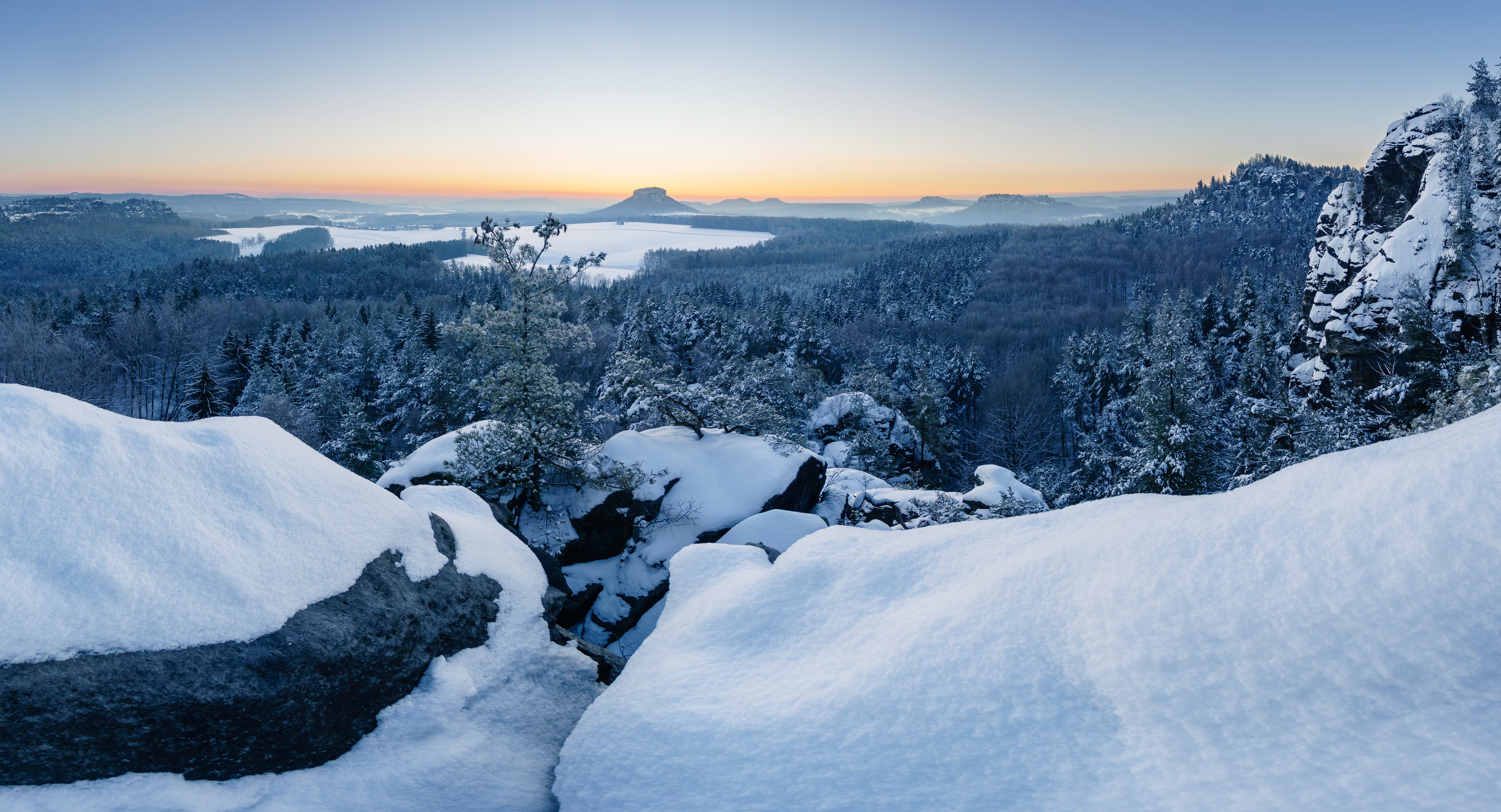 ice, Saxony, forest, Switzerland, Germany, Sachsen, Outdoor, Pano, Sächsische-Schweiz, sunset, Großer Bärenstein, Winter, outdoors, Schnee, covered, mountains, HD Wallpaper