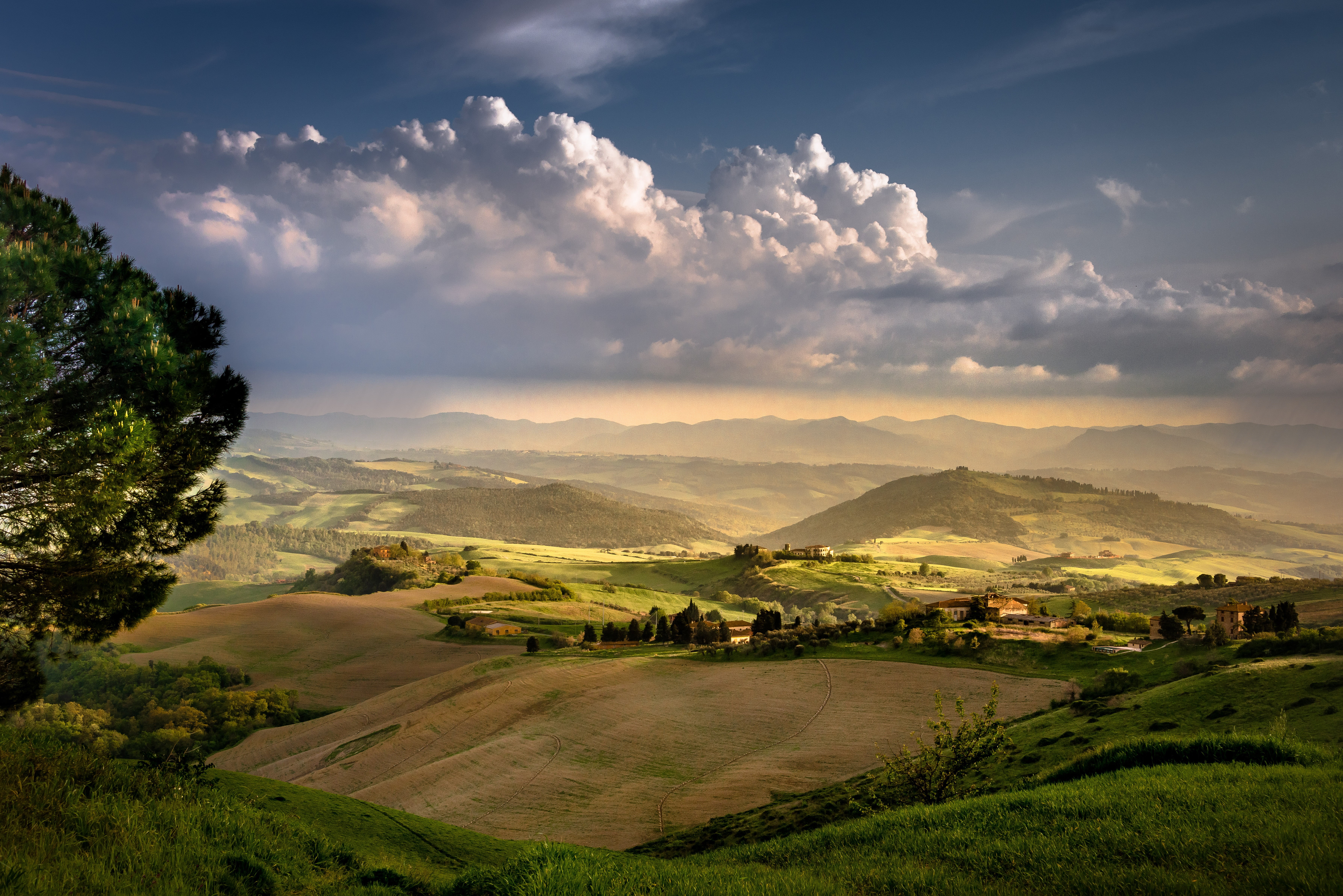 landscape, clouds, sky, Tuscan, summer, agriculture, mountains, tuscany, tree, rain, Regen, green, afternoon, hill, meadow, Toskana, nature, outdoors, field, HD Wallpaper