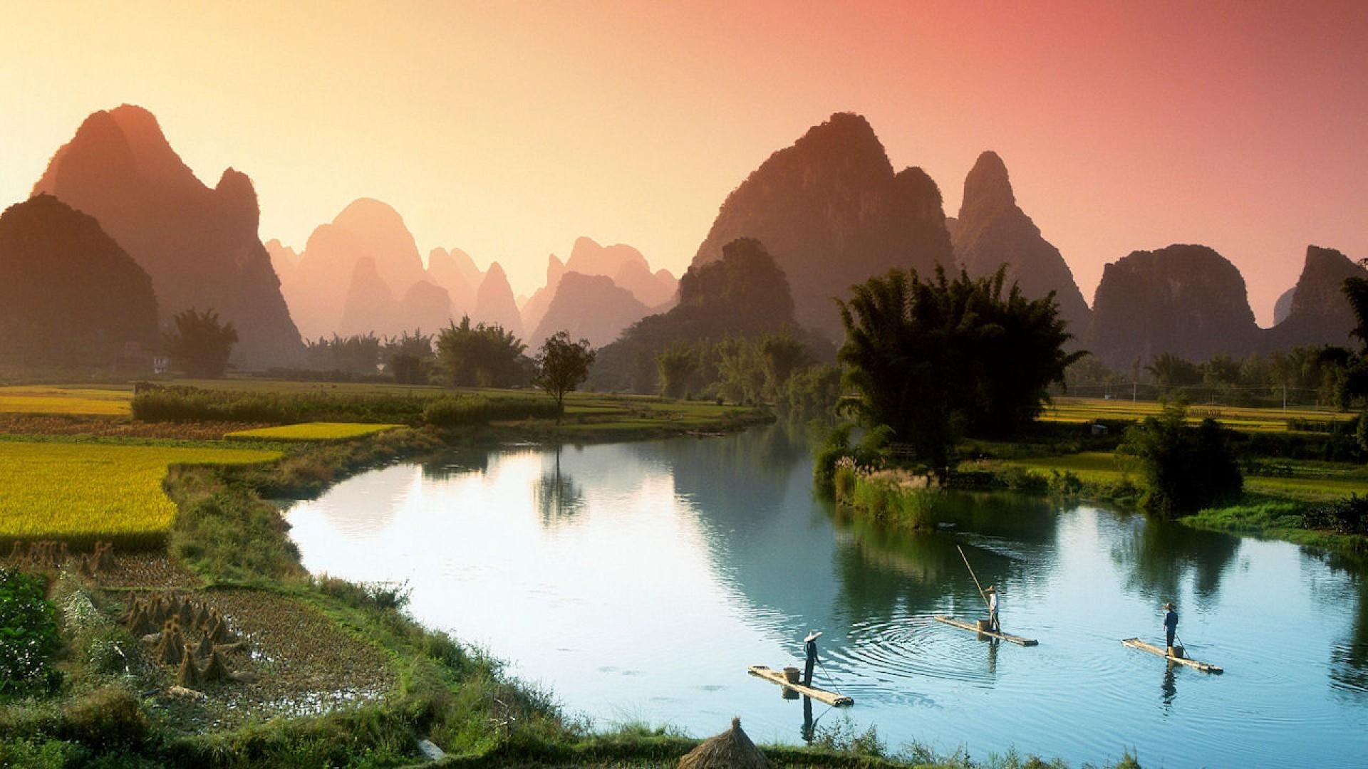 river, fishing, li, nature and landscapes, fields, 1080P, mountains, china, HD Wallpaper