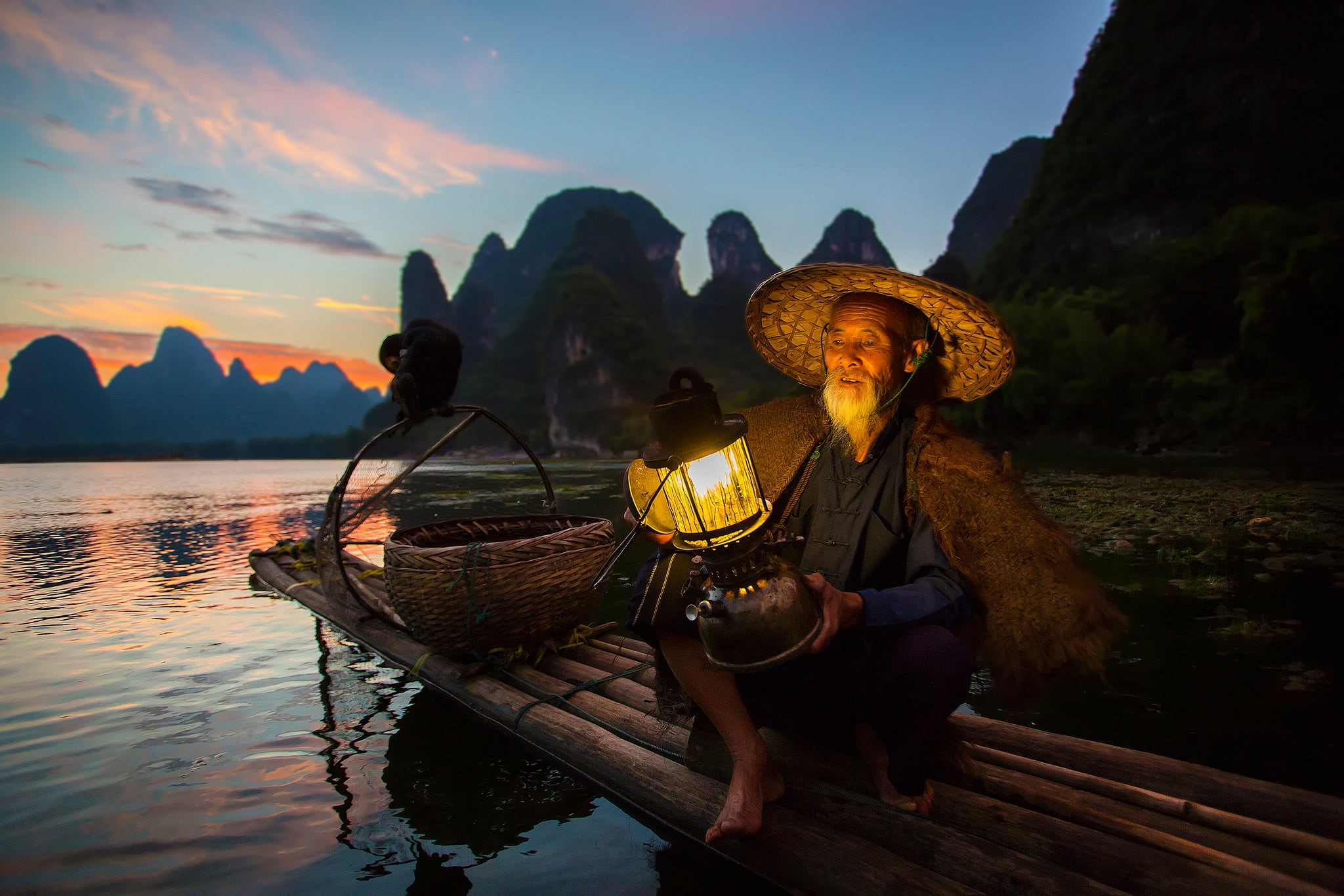 water, sunset, 1080P, boat, beauty in nature, China, bird, one person, sky, clothing, wood - material, women, mountain, district Guangxi Joins, real people, HD Wallpaper