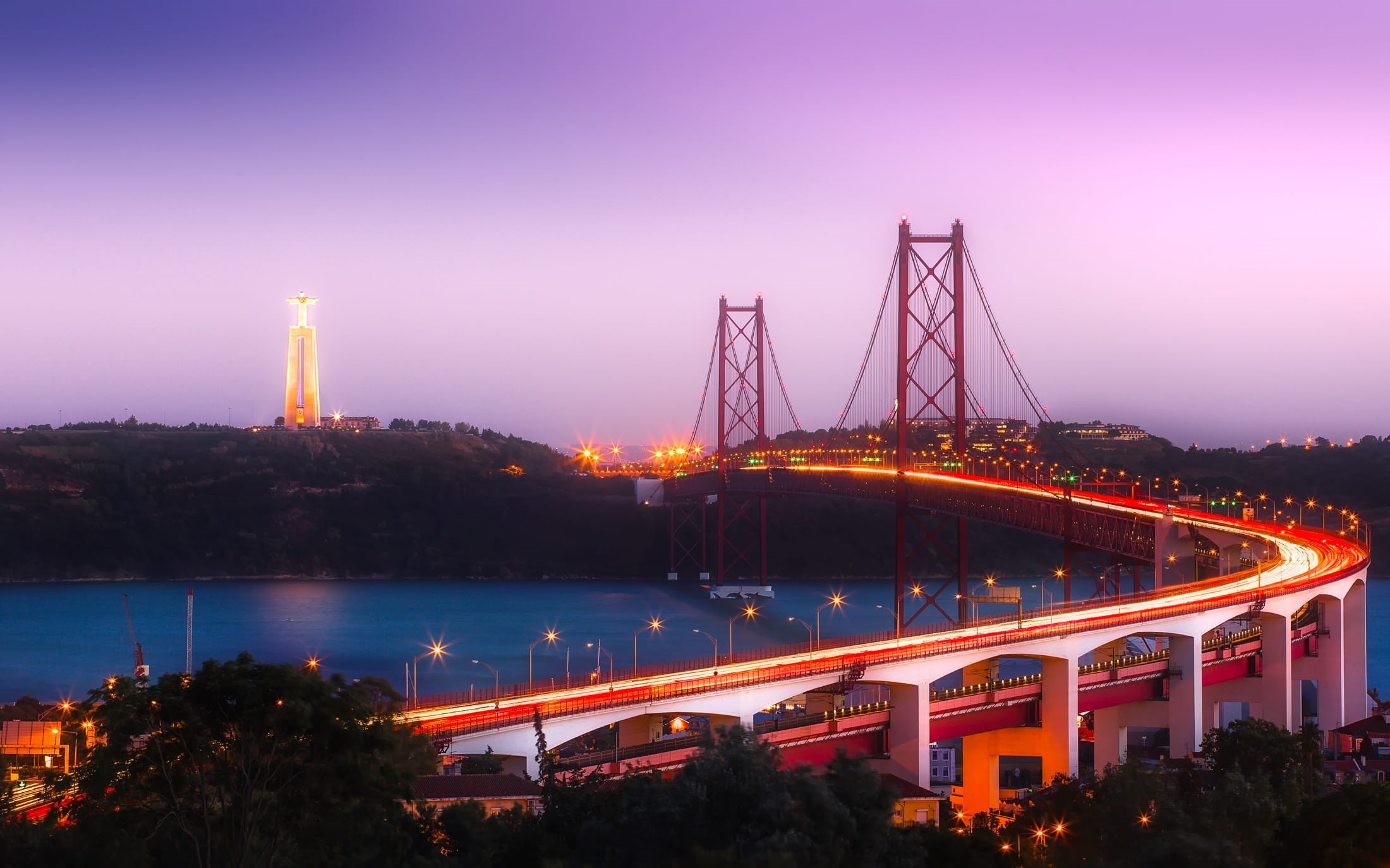 outdoors, city lights, clouds, dusk, bay, vehicle, street, sea, photography, cityscape, bridge - man made structure, birds, office building exterior, connection, HD Wallpaper