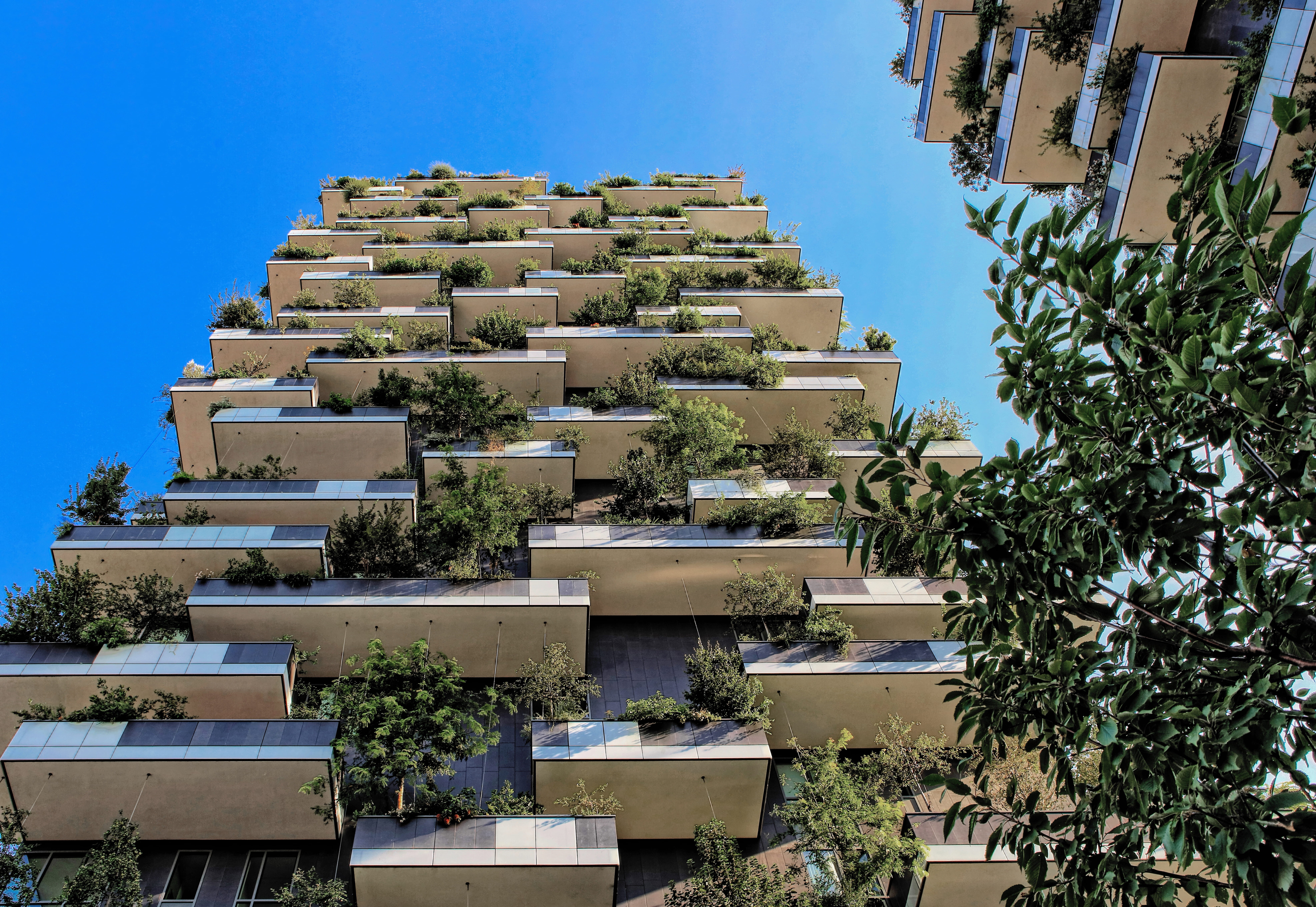 buildings, modern, eyeview, building exterior, plant, s, concrete, city, balcony, day, e, growth, stack, architecture, eye, blue, perspective, building, HD Wallpaper