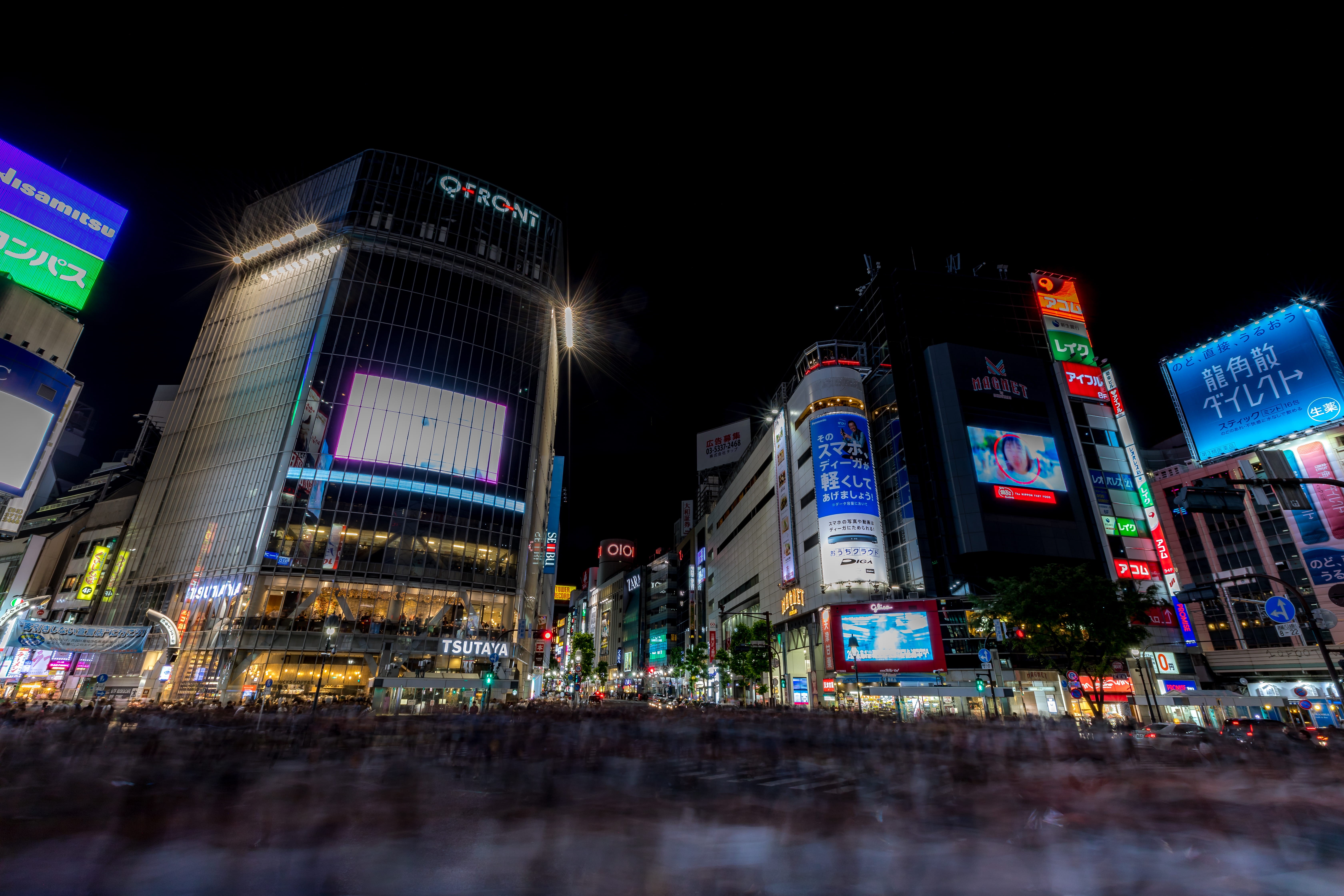 travel destinations, billboard, skyscraper, inokashira dori, motion, building, crowd, rushhour, illuminated, night, built structure, downtown, japan, lights, HD Wallpaper