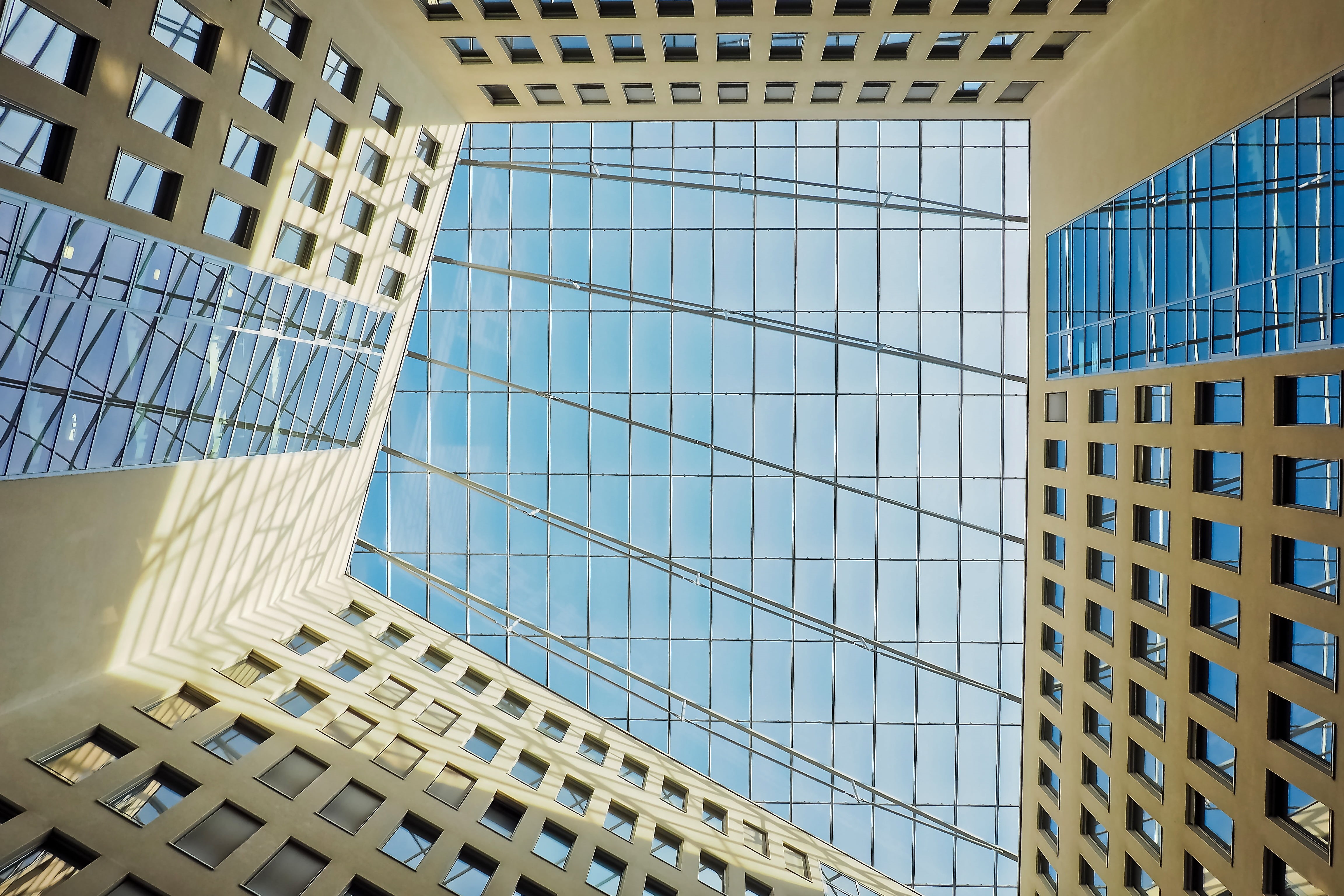 skyscraper, reflection, courtyard, finance, modern high rise building, modern building, office building, facade, geometric shape, window, blue, day, clouds, HD Wallpaper