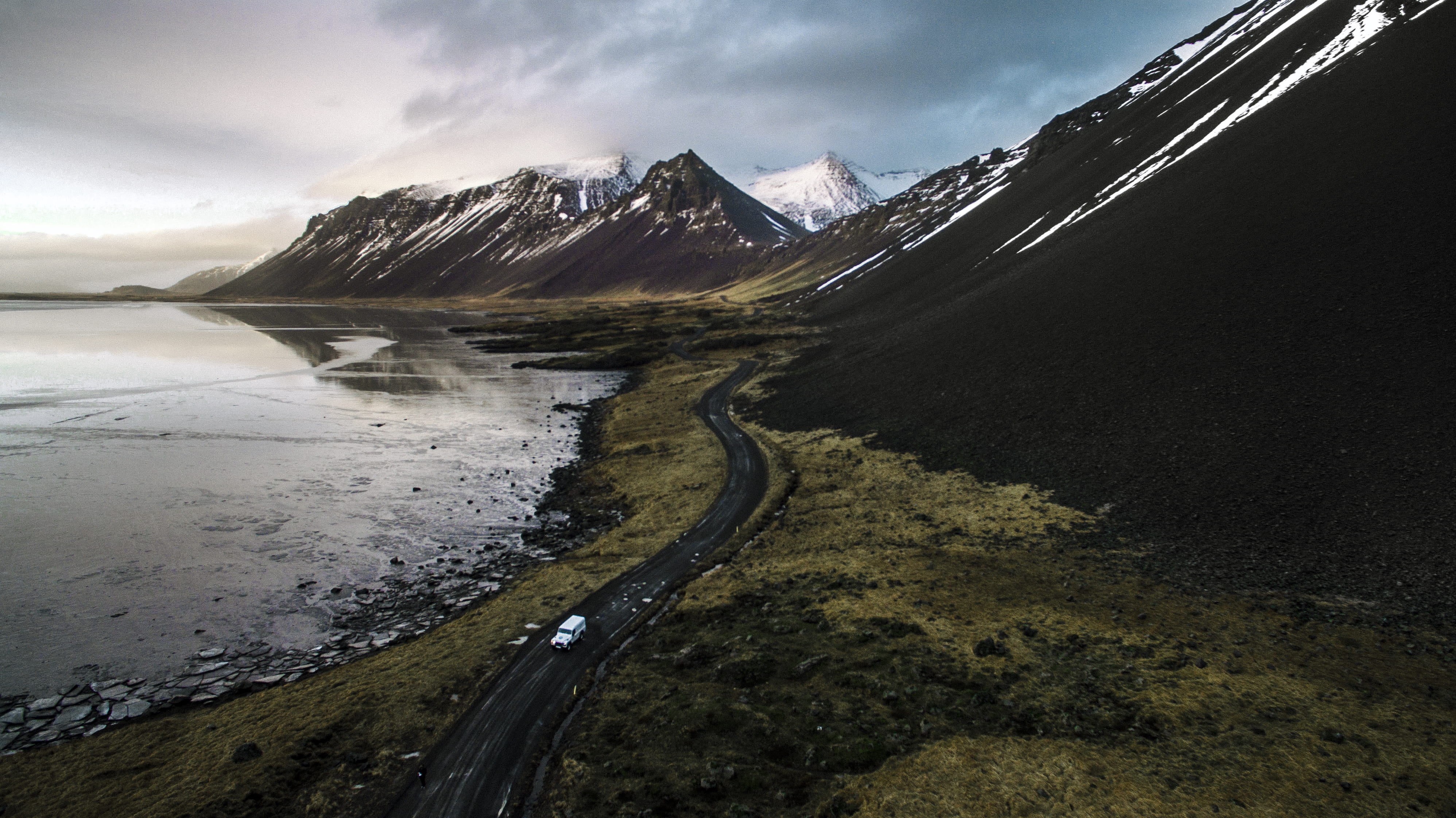sky, s, cloud - sky, land, winter, near, iceland, aerial, drone, car, nature, snowcapped mountain, no people, road, travel, bird, scenics - nature, mountain, HD Wallpaper