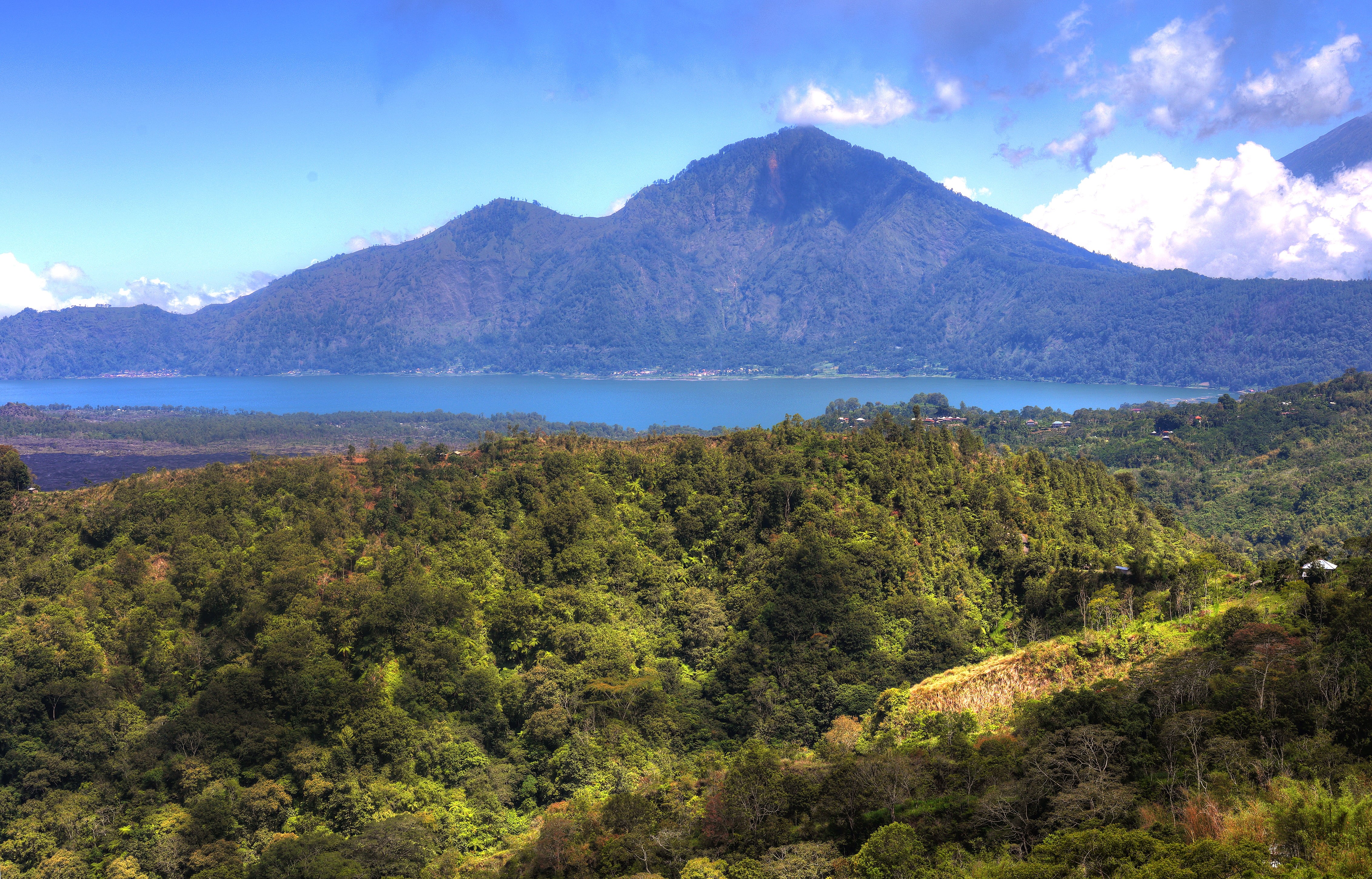 sky, outdoors, near, Island, blue, Bergsee, body, mountain, landscape, highlands, Kintamani, 4K, Mountain  Lake, Vulkan, Indonesia, Asia, forest, Volcano, HD Wallpaper