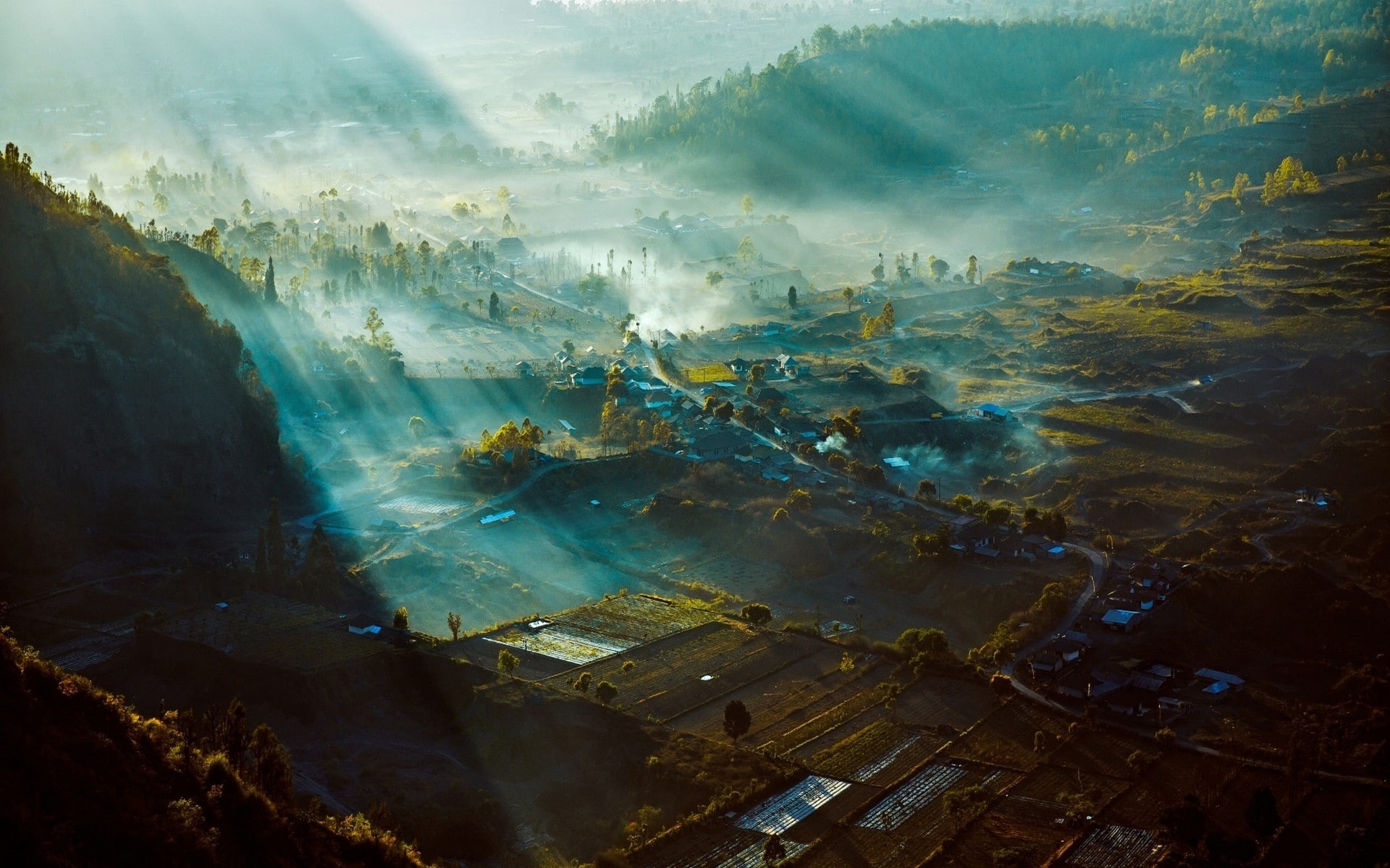 sun rays, sunlight, mist, Bali, mountains, nature, valley, field, Indonesia, 1080P, landscape, road, HD Wallpaper