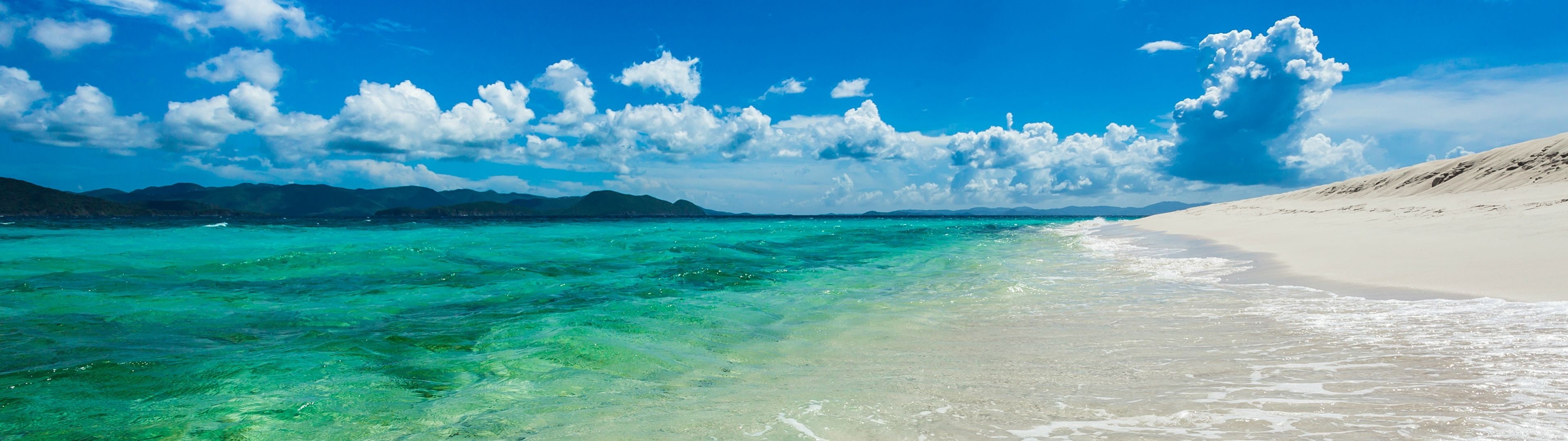 clouds, blue, environment, tranquil scene, sand, outdoors, 2K, tranquility, scenics - nature, water, cloud - sky, multiple display, land, tropical climate, HD Wallpaper