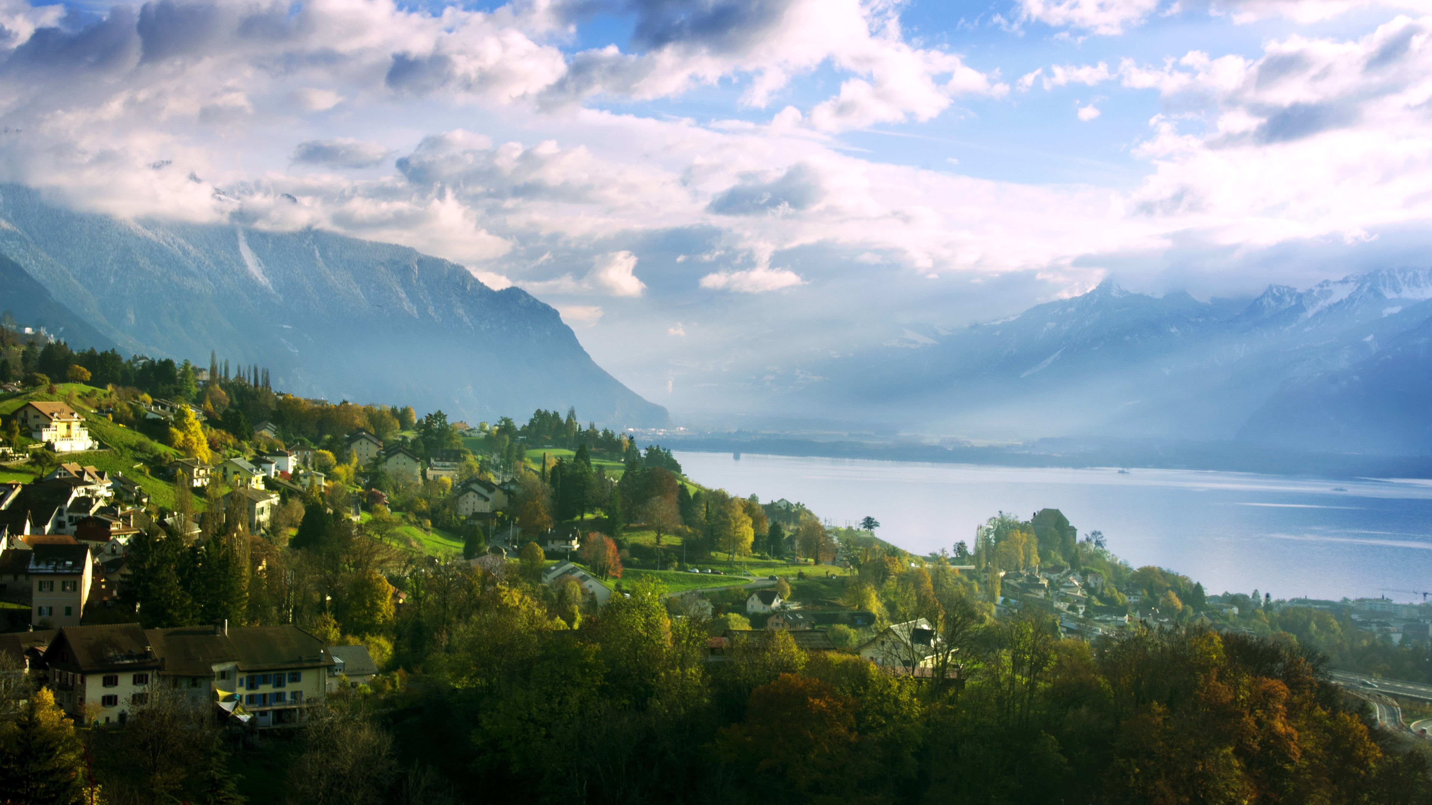 landscape, white, pentax  K-r, outdoors, houses, surrounded, sky, nature, lake, day, tree, europe, scenics, forest, city, trees, switzerland, 4K, cloudy, HD Wallpaper