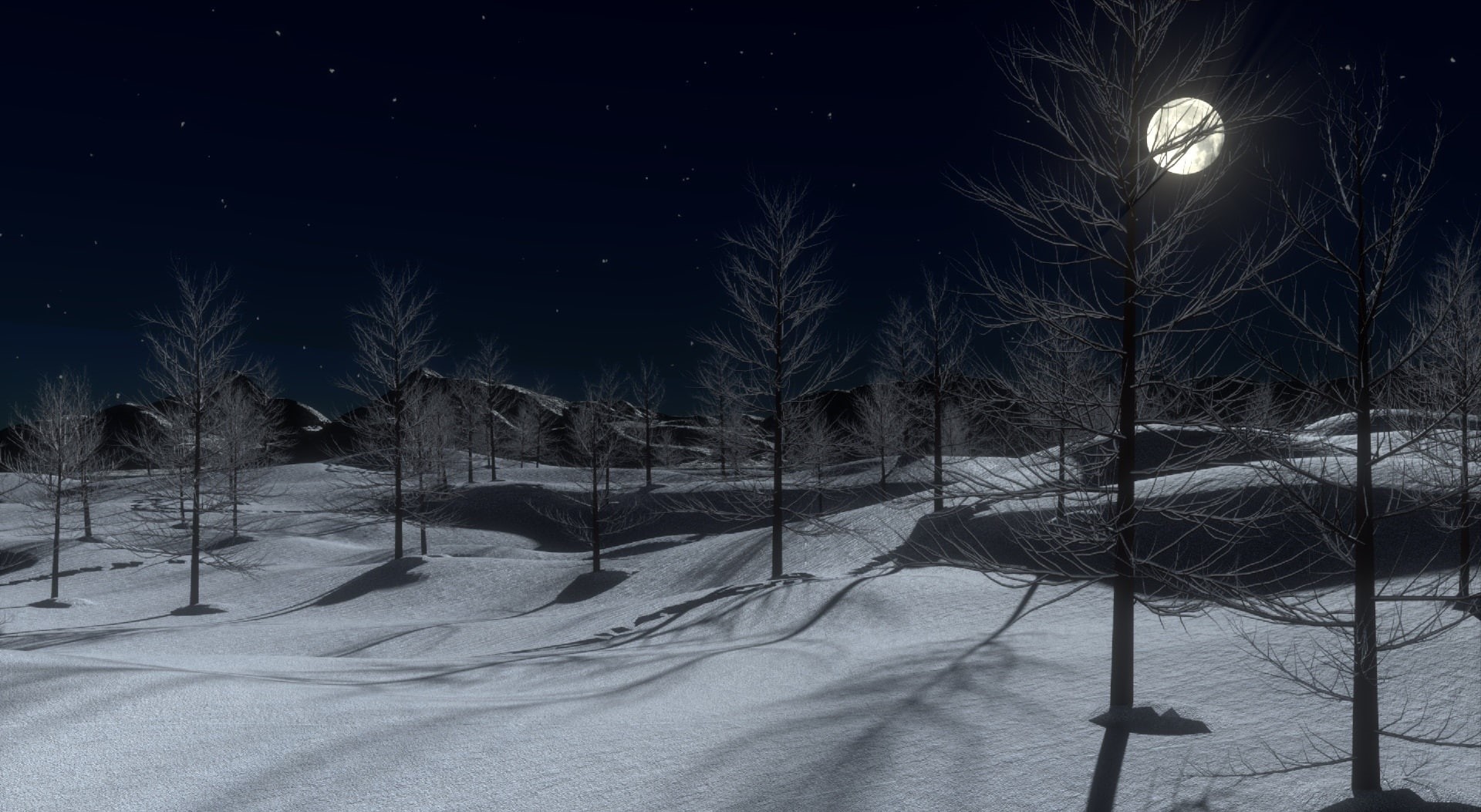 Scene, 3D, Xmas, Weather, outdoors, beauty in nature, Landscape, environment, Mountain, sky, Moonlight, snowing, Season, 1080P, Outdoor, branch, cold temperature, HD Wallpaper