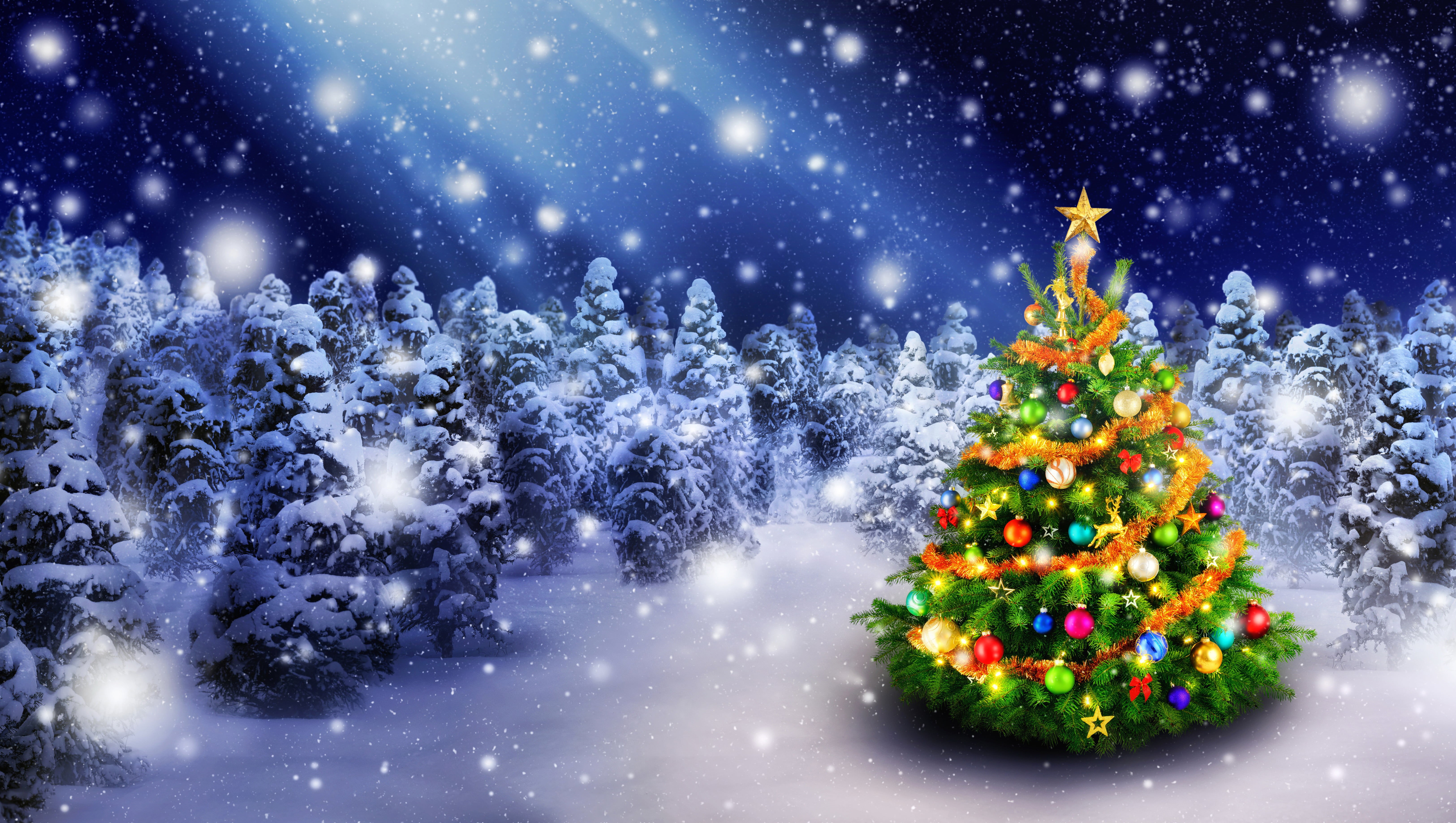 Nature, Tree, Winter, Garland, 5K, outdoors, Snow, light - Natural Phenomenon, new years eve, decoration, snowflake, ornate, illuminated, design, spruce Tree, HD Wallpaper