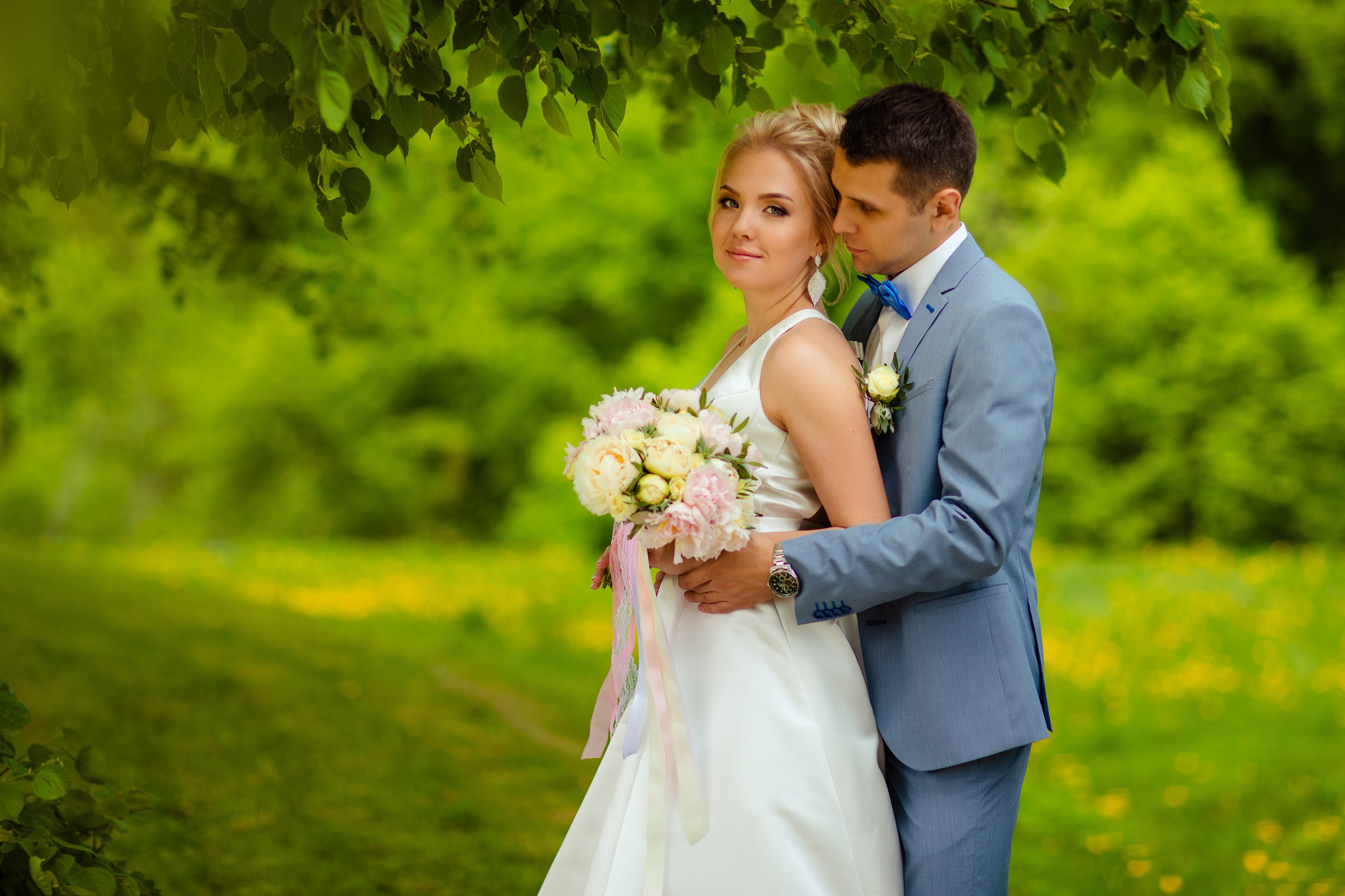 wedding dress, togetherness, the happy couple, love, 5K, adult, newlywed, couple - relationship, emotion, bride with bouquet, flowering plant, women, husband, HD Wallpaper