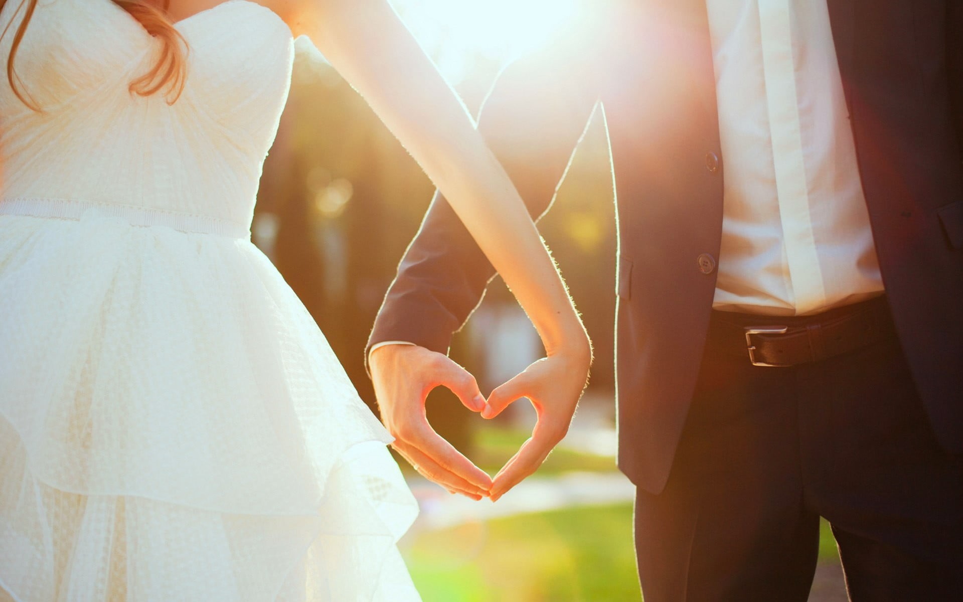 married, couple - relationship, wedding ceremony, bride, just married, two people, event, focus on foreground, 1080P, sunlight, midsection, emotion, wedding dress, HD Wallpaper