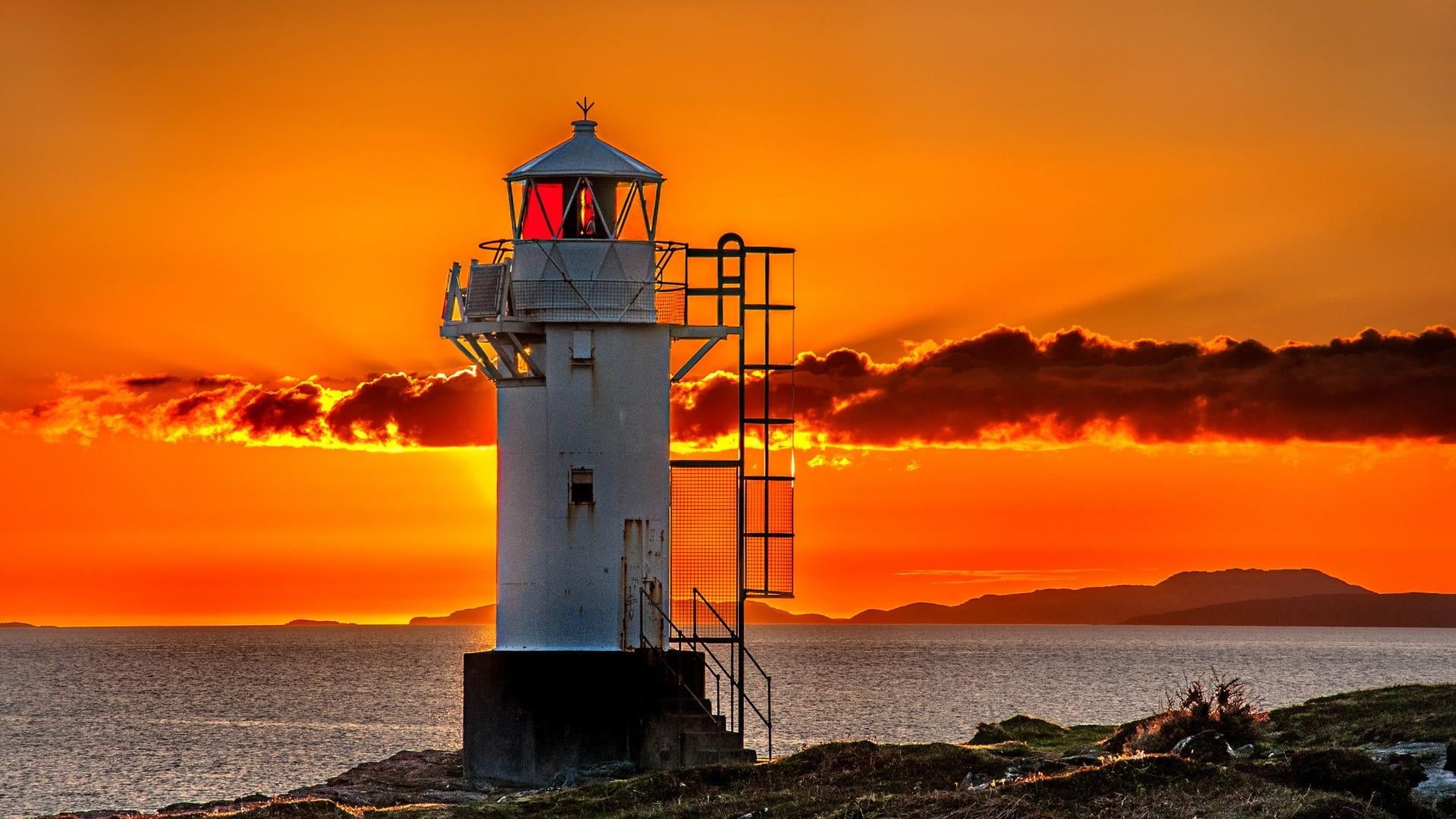 beauty in nature, water, sea, sky, built structure, cloud - sky, outdoors, 1080P, protection, horizon over water, lighthouse, sunset, scenics - nature, HD Wallpaper