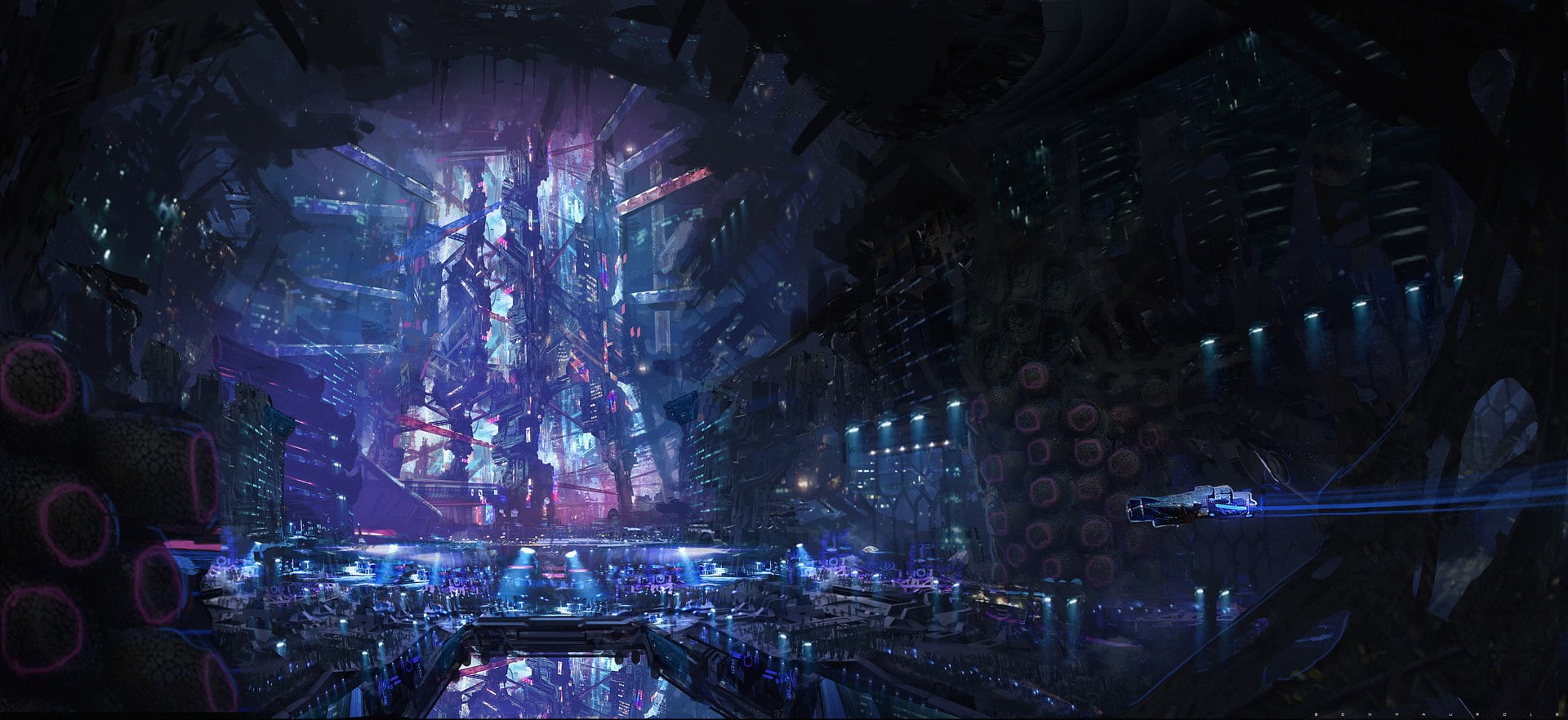 architecture, built structure, religion, glowing, indoors, Astroship XB982, city, light - natural phenomenon, building, stage, concept cars, nightclub, HD Wallpaper