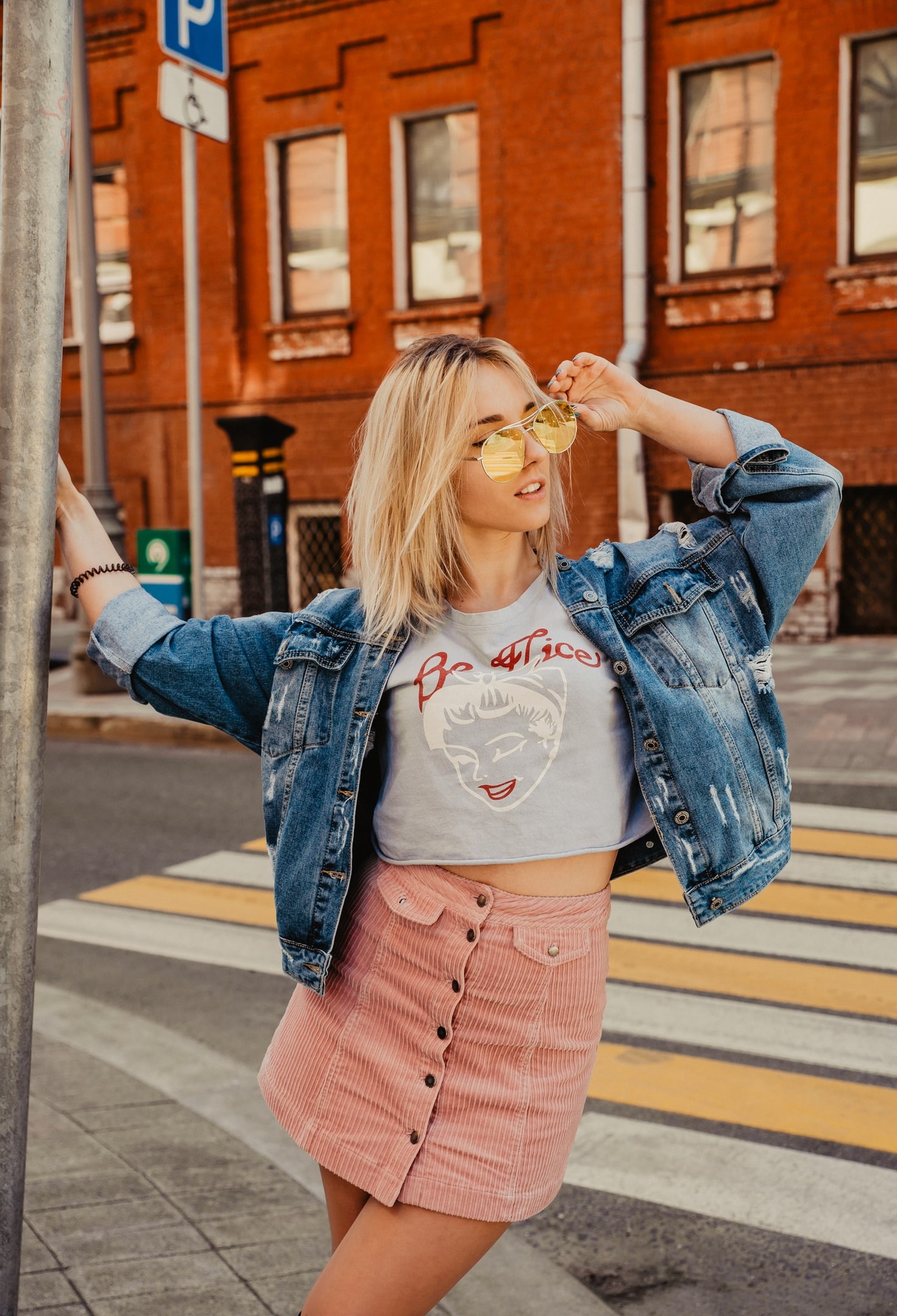 crop top, miniskirt, Tatyana Khachatryan, sunglasses, model, denim, 1080P, depth of field, portrait, urban, portrait display, jeans jacket, street, crosswalk, Phone HD Wallpaper
