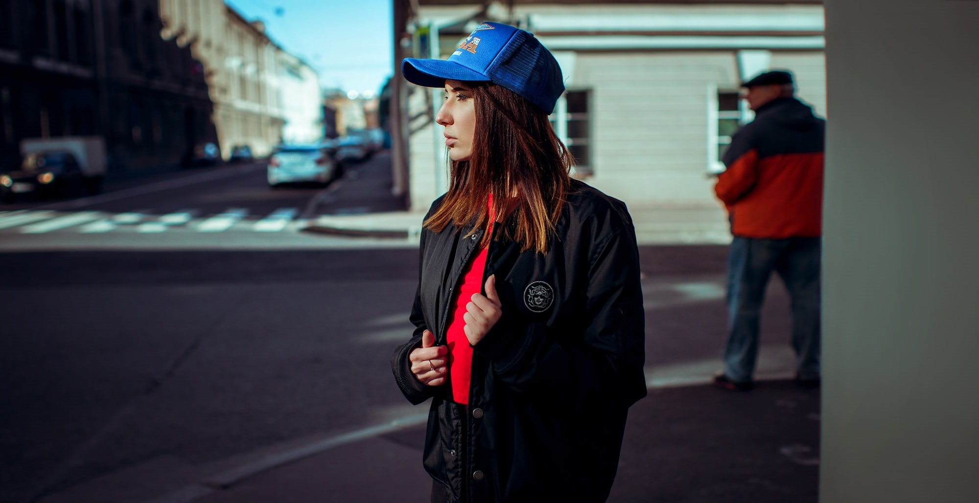 urban, T-shirt, baseball caps, outdoors, looking away, jacket, crosswalk, model, building, portrait, Anastasia Shibaeva, profile, depth of field, women outdoors, HD Wallpaper