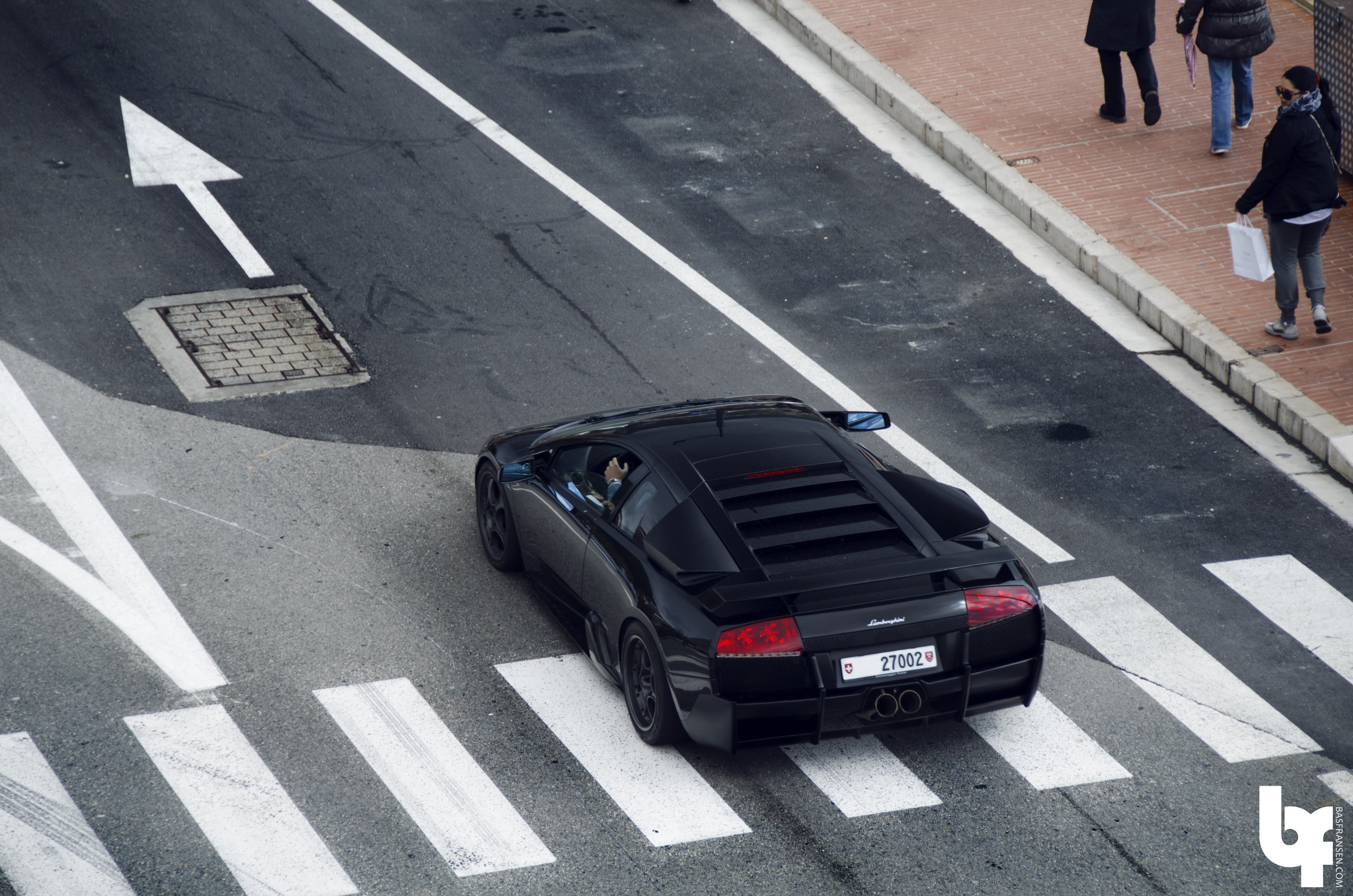 land vehicle, motor vehicle, city, street, road, sign, day, marking, road marking, mode of transportation, crosswalk, Lamborghini Murcielago, Lamborghini, HD Wallpaper
