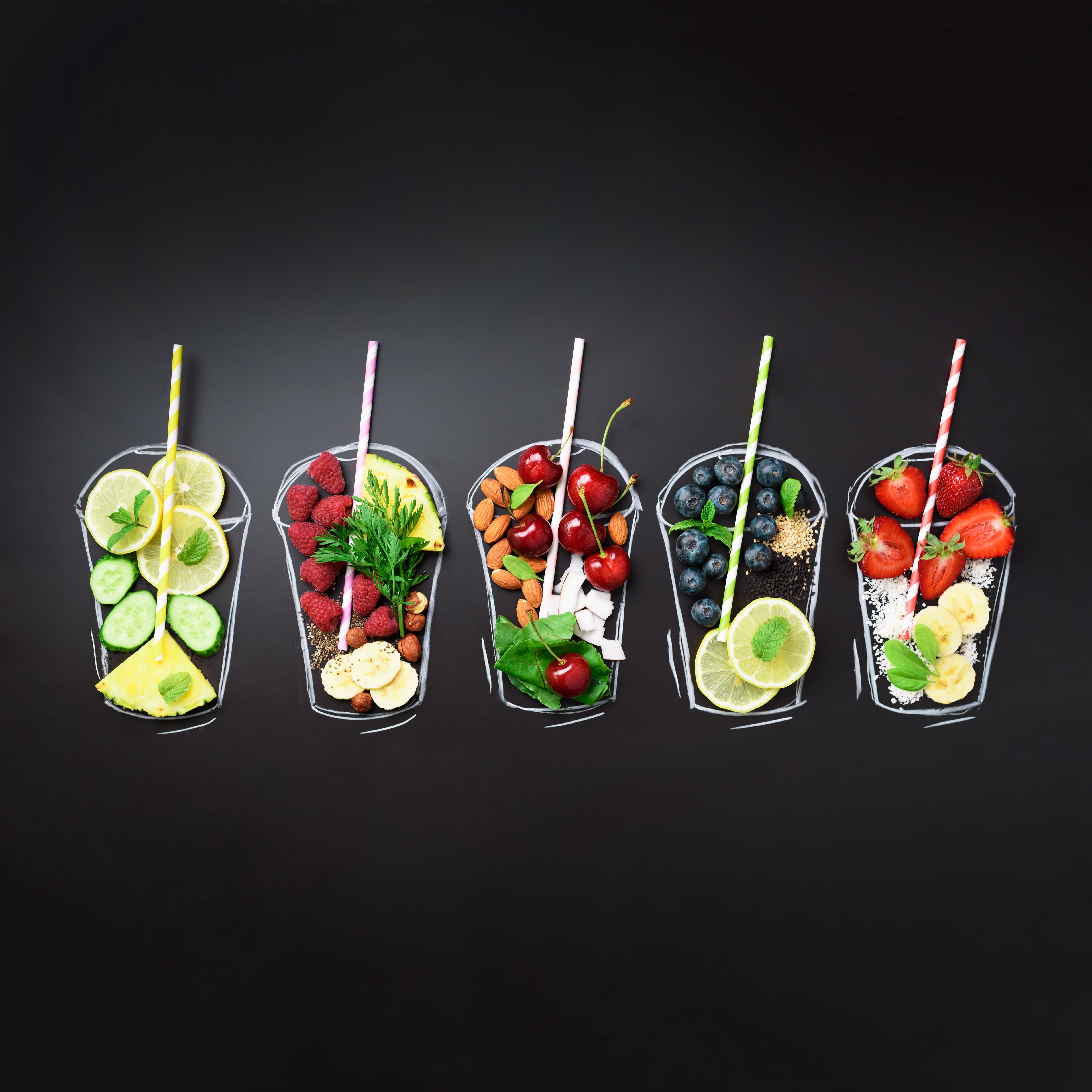 fruit, black, 5K, cherry, citrus, smoothies, nuts, berries, background, Phone HD Wallpaper