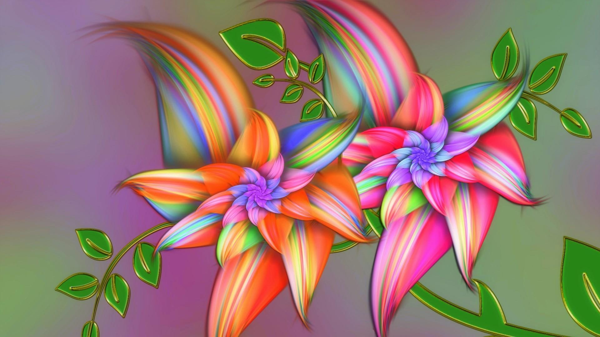 abstract, flower, 1080P, yellow, rainbow color, bleu, pink, orang, green, HD Wallpaper