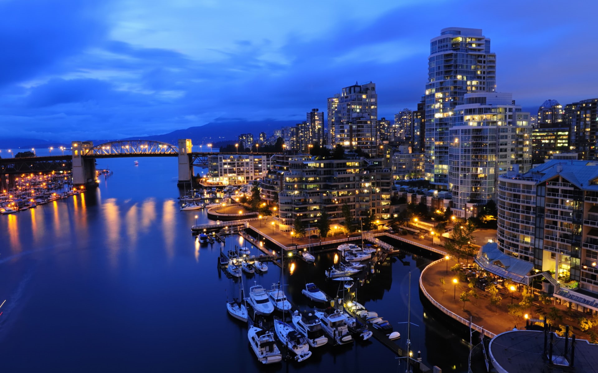 ocean, harbor, hd, cityscape, night, 1080P, vancouver, dock, HD Wallpaper