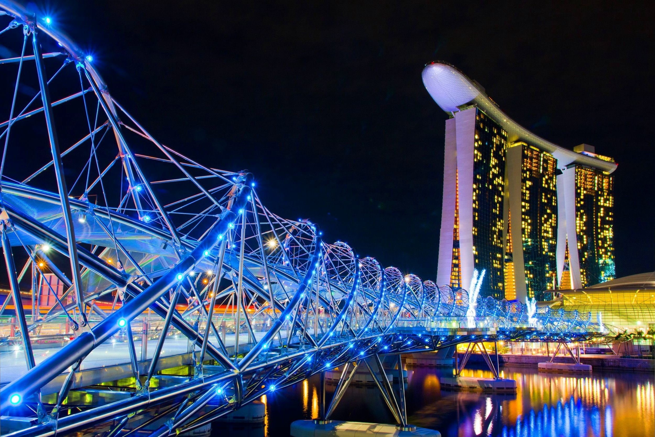 amusement park ride, illuminated, no people, tourism, night, Singapore, ferris wheel, Marina Bay, arts culture and entertainment, bridge, bay, amusement park, HD Wallpaper