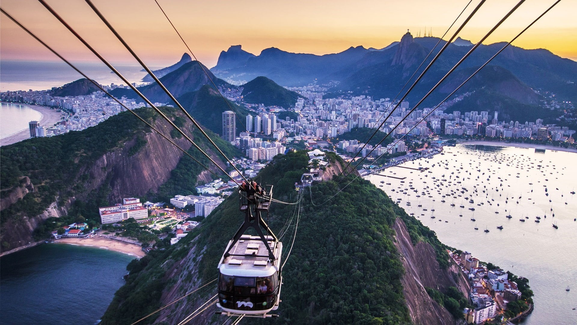 mountain range, nature, tourist attraction, overhead cable car, architecture, bridge - man made structure, rio de janeiro, copacabana beach, 1080P, outdoors, HD Wallpaper