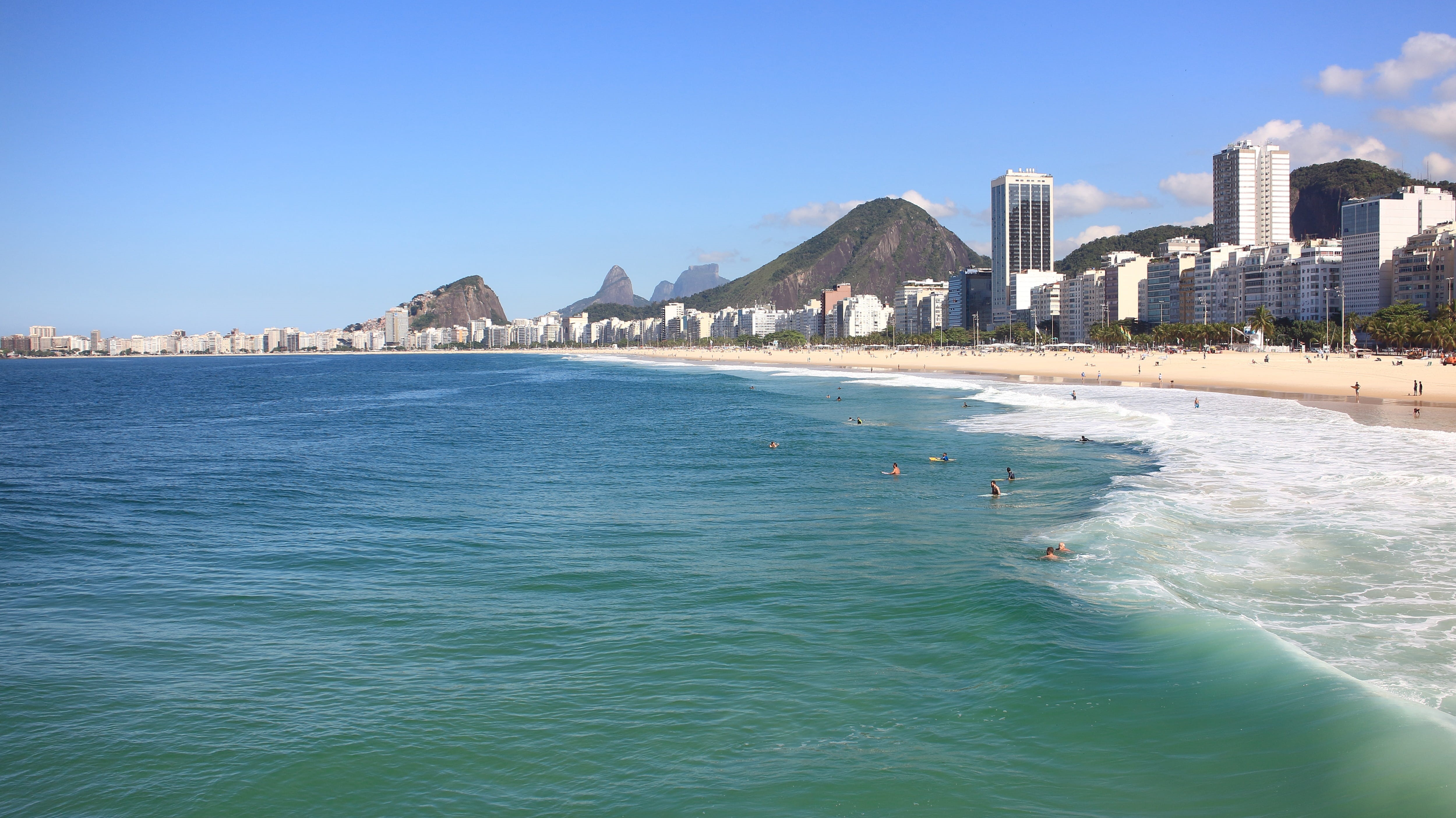 brazil, 4K, sea, travel destinations, morro dois irmãos, office building exterior, waterfront, rio de janeiro, leme, skyscraper, sky, transportation, wave, HD Wallpaper