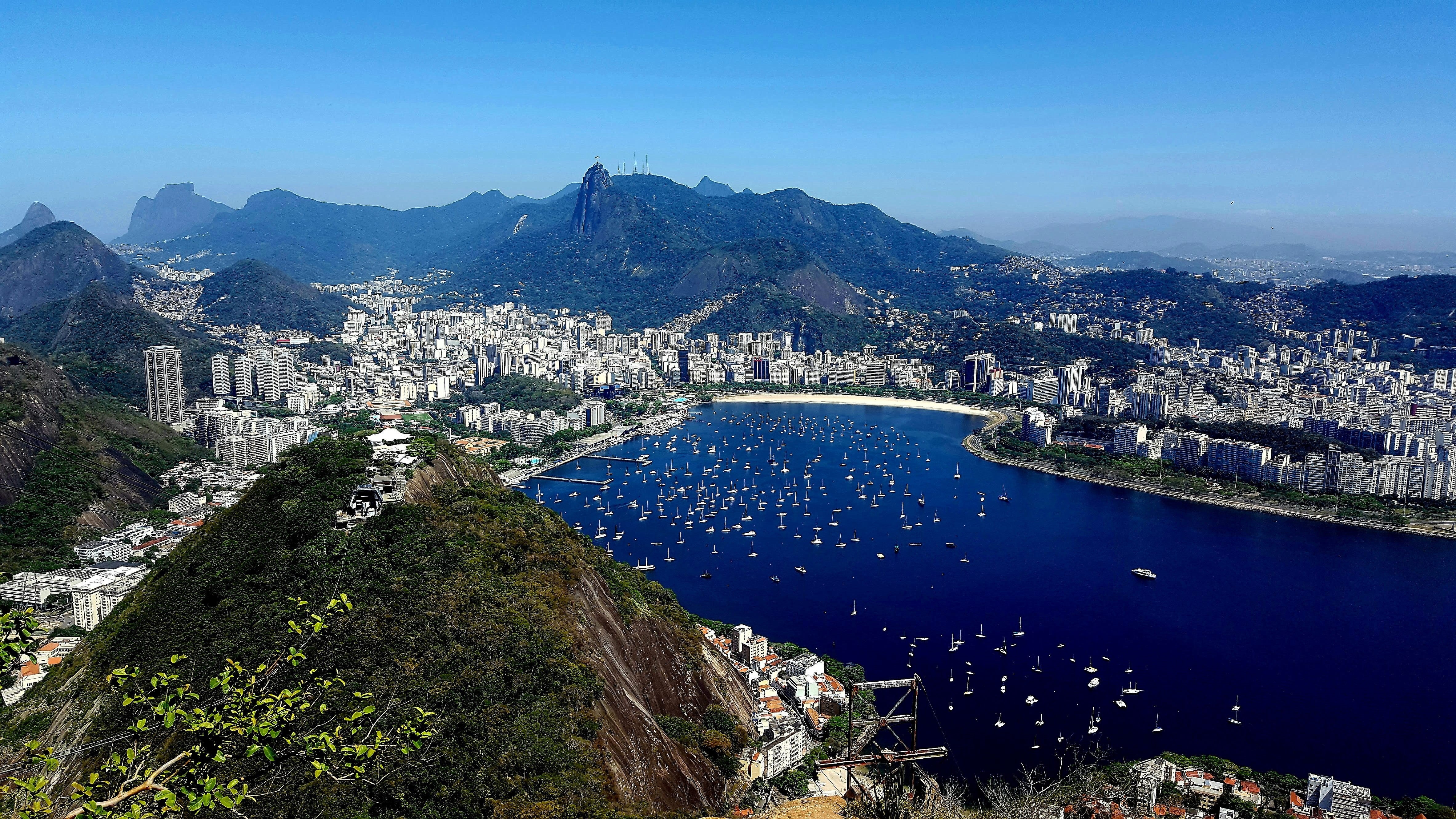 high angle view, environment, no people, sea, building exterior, nature, the hit was as, blue, outdoors, mountain, 4K, building, land, copacabana beach, HD Wallpaper