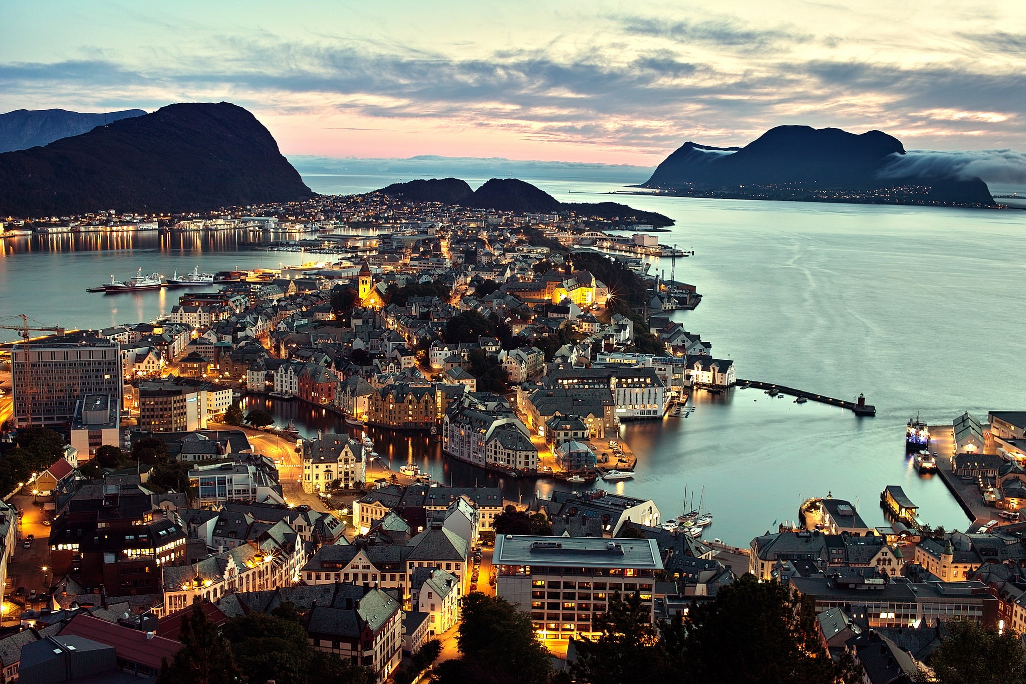 harbor, cloud - sky, bay, mountain, night, rio de Janeiro, island, residential district, beauty In Nature, Ålesund, blue, cultures, water, outdoors, aerial, HD Wallpaper