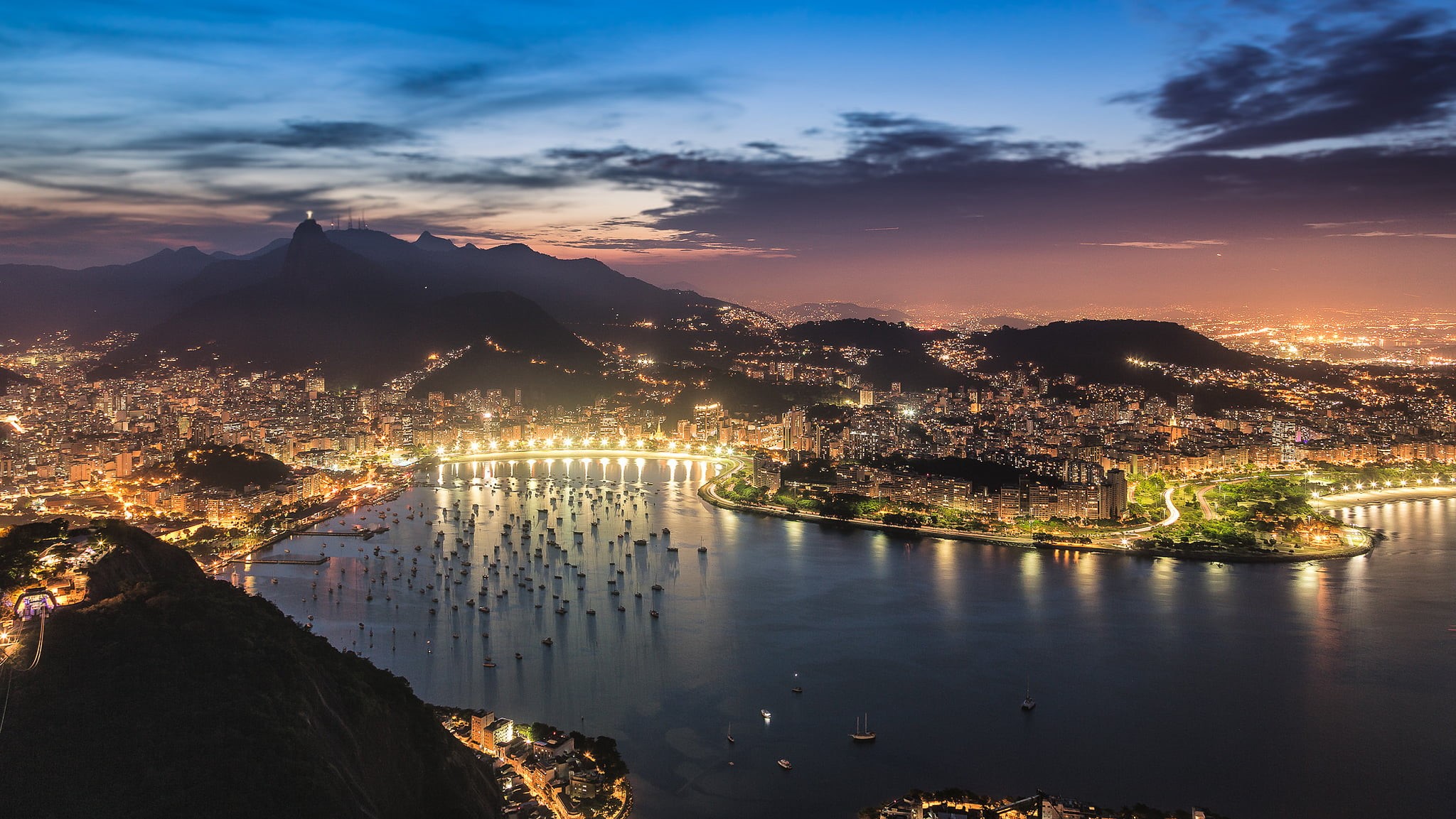 body, Bay, mountain, sky, the evening, no people, illuminated, the sky, the city, built structure, panorama, water, Rio de Janeiro, clouds, sunset, building exterior, HD Wallpaper