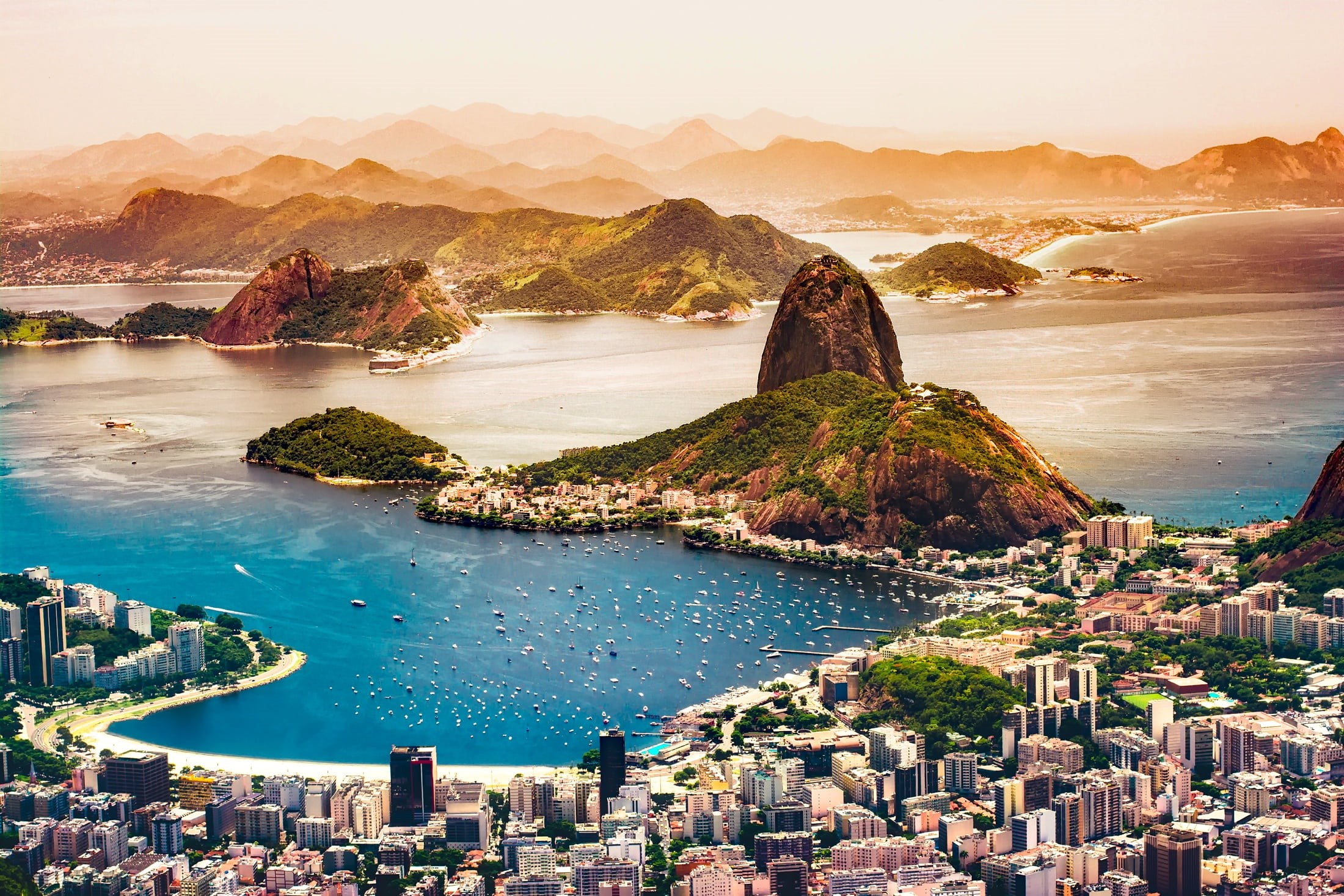 sunrise, aerial, cityscape, outdoors, rio de Janeiro, urban, buildings, daytime, mist, architecture, landscape, scenics - nature, hdr, brazil, mountain, HD Wallpaper
