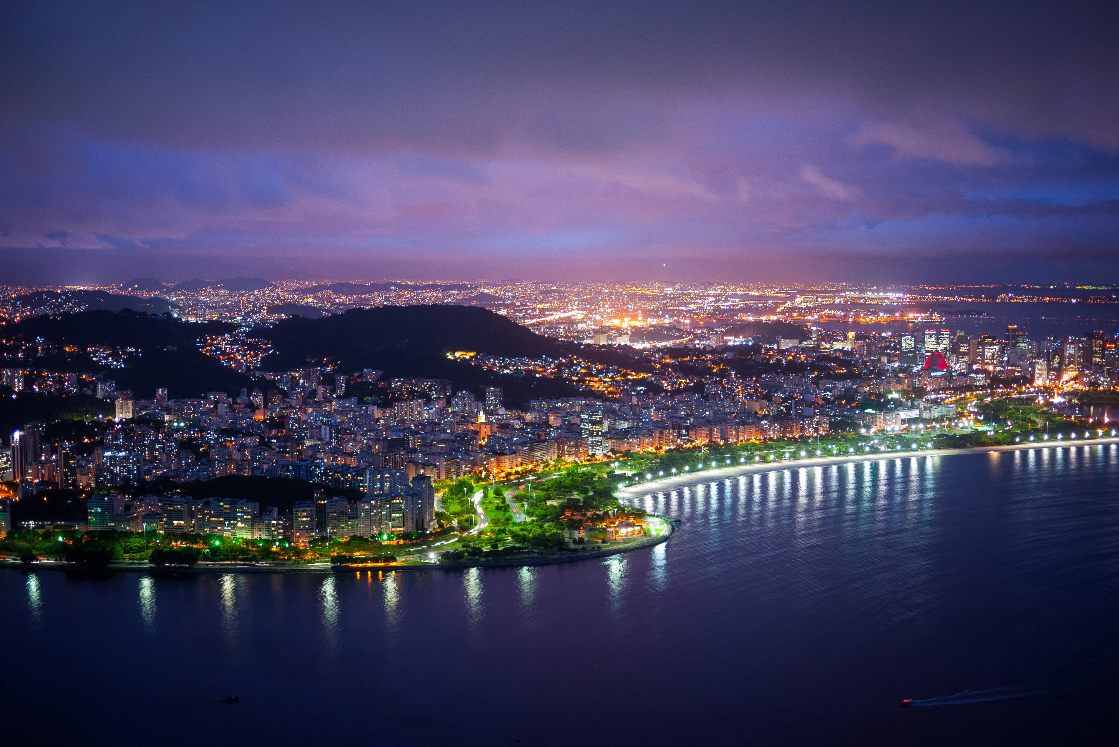 2K, hills, river, government, brasil, rio, cityscape, brazil, cloud - sky, no people, sky, architecture, building, lights, built structure, building exterior, HD Wallpaper