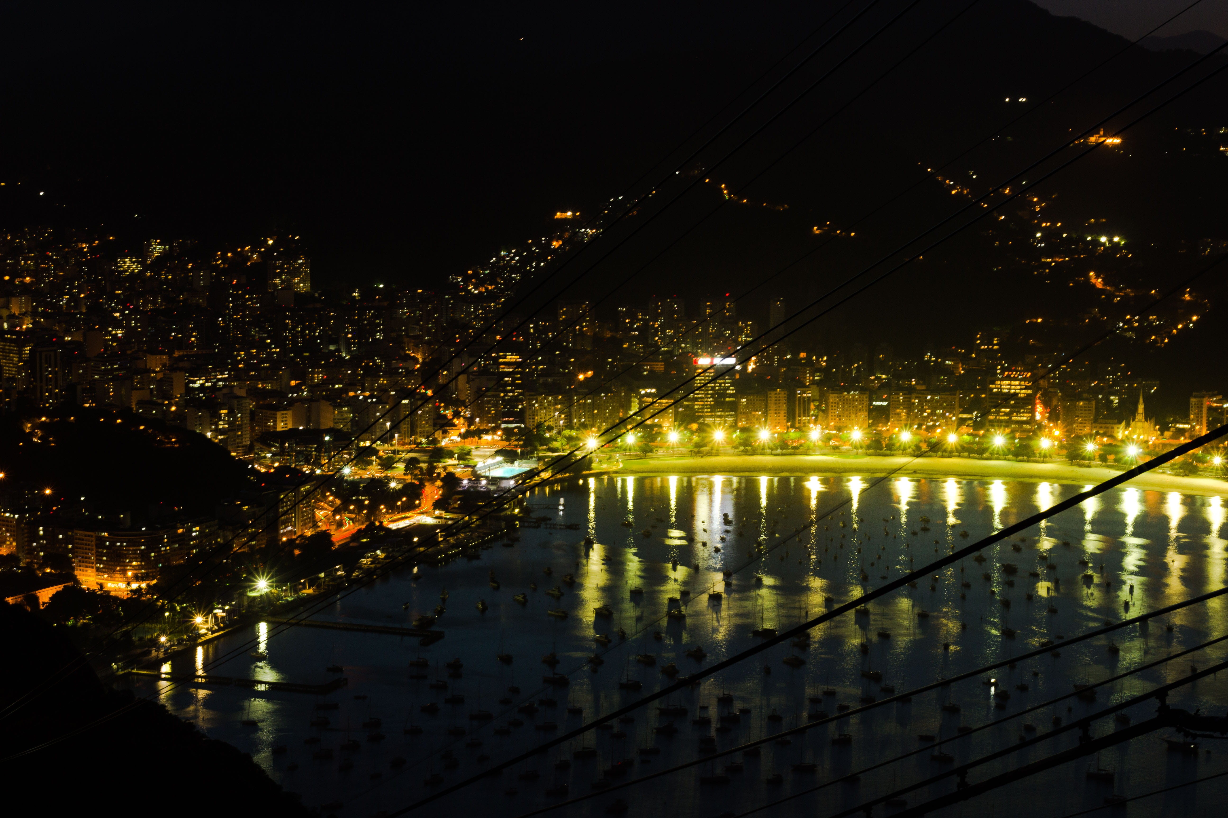 pier, cityscape, dock, lighting equipment, aerial view, light, urban, river, illuminated, view, 5K, flare, brazil, scenery, reflection, tree, water, city, HD Wallpaper
