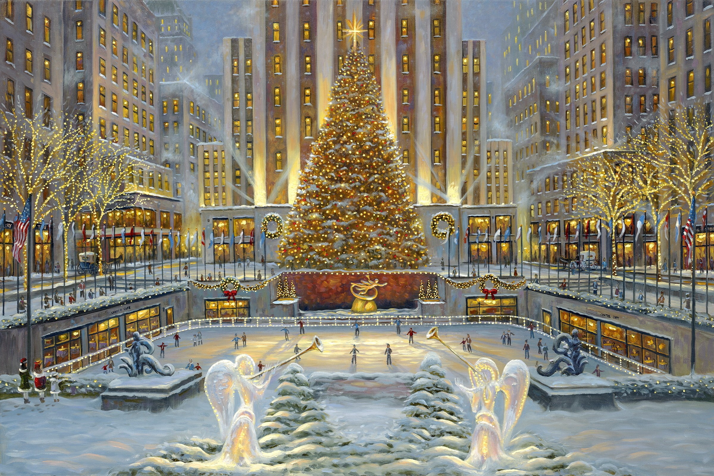 Painting, Artistic, Christmas, Holiday, Skating Rink, Light, 1080P, Christmas Tree, Rockefeller Center, HD Wallpaper