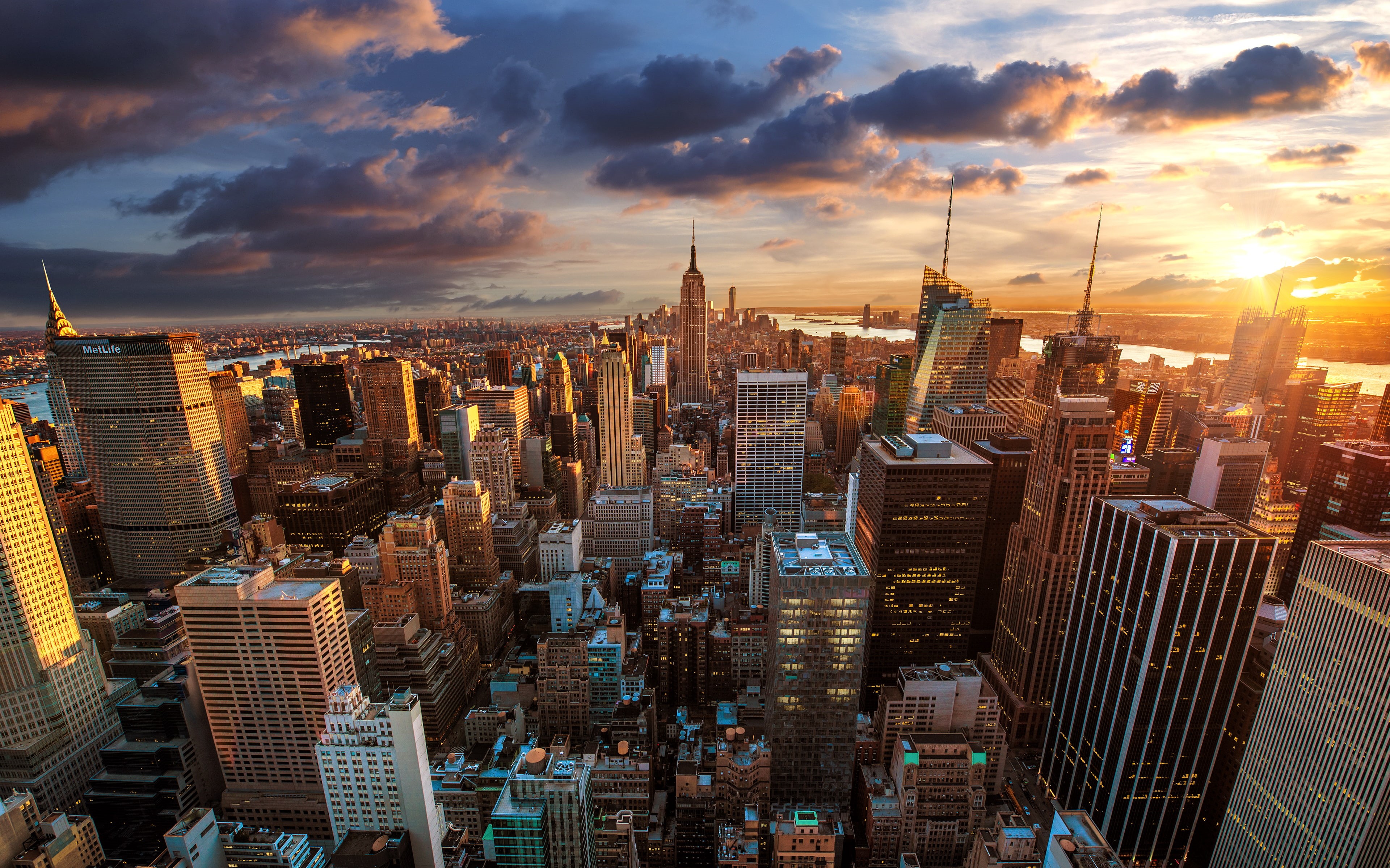 skyscrapers, megapolis, New York, USA, panorama, dawn, NYC, New York City, the city, 4K, Rockefeller Center, HD Wallpaper