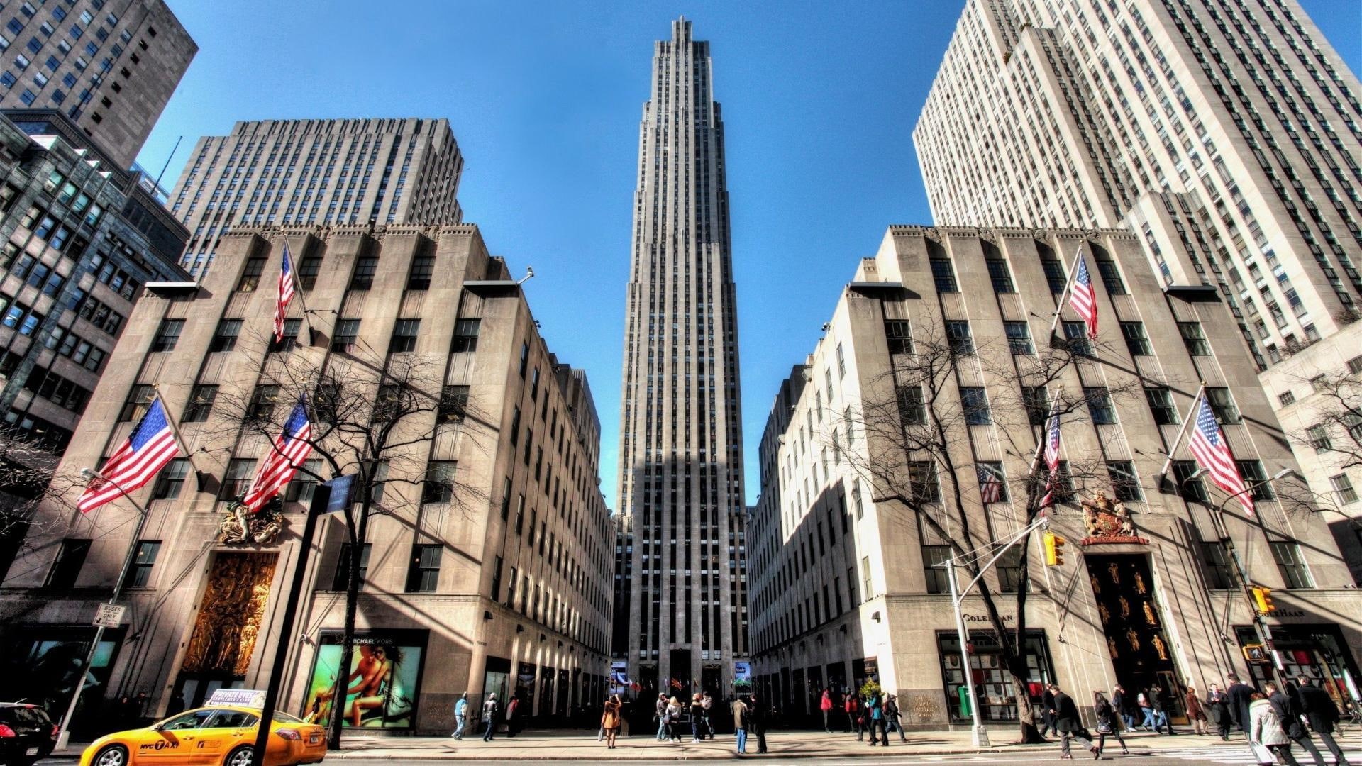 streets, 1080P, skyscraper, cityscape, rockefeller, center, city, buildings, landscape, architecture, new york, HD Wallpaper