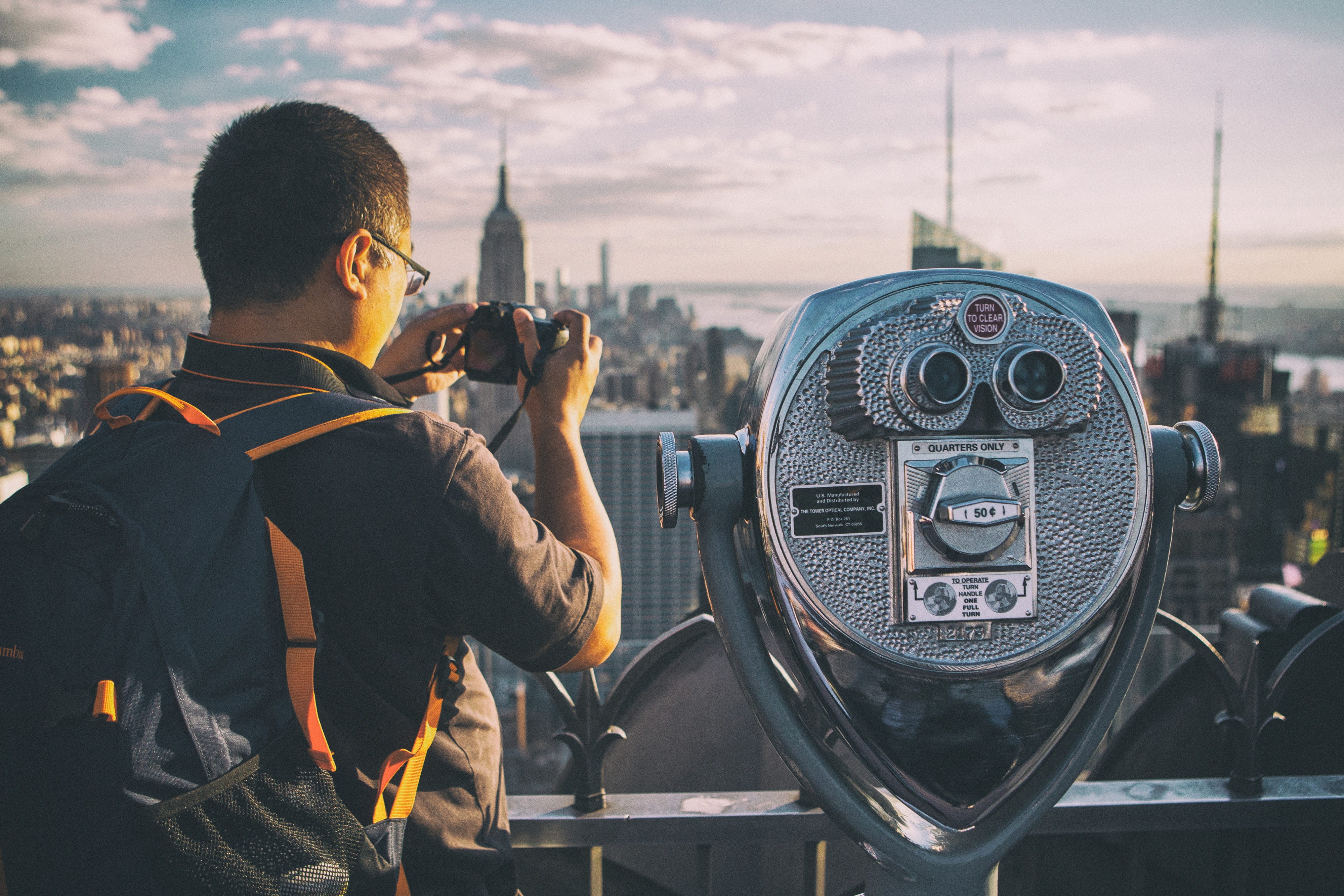 observation, tourist, travel, top, city, activity, binoculars, built structure, rear view, deck, rock, only men, camera, coin-operated binoculars, adults only, HD Wallpaper