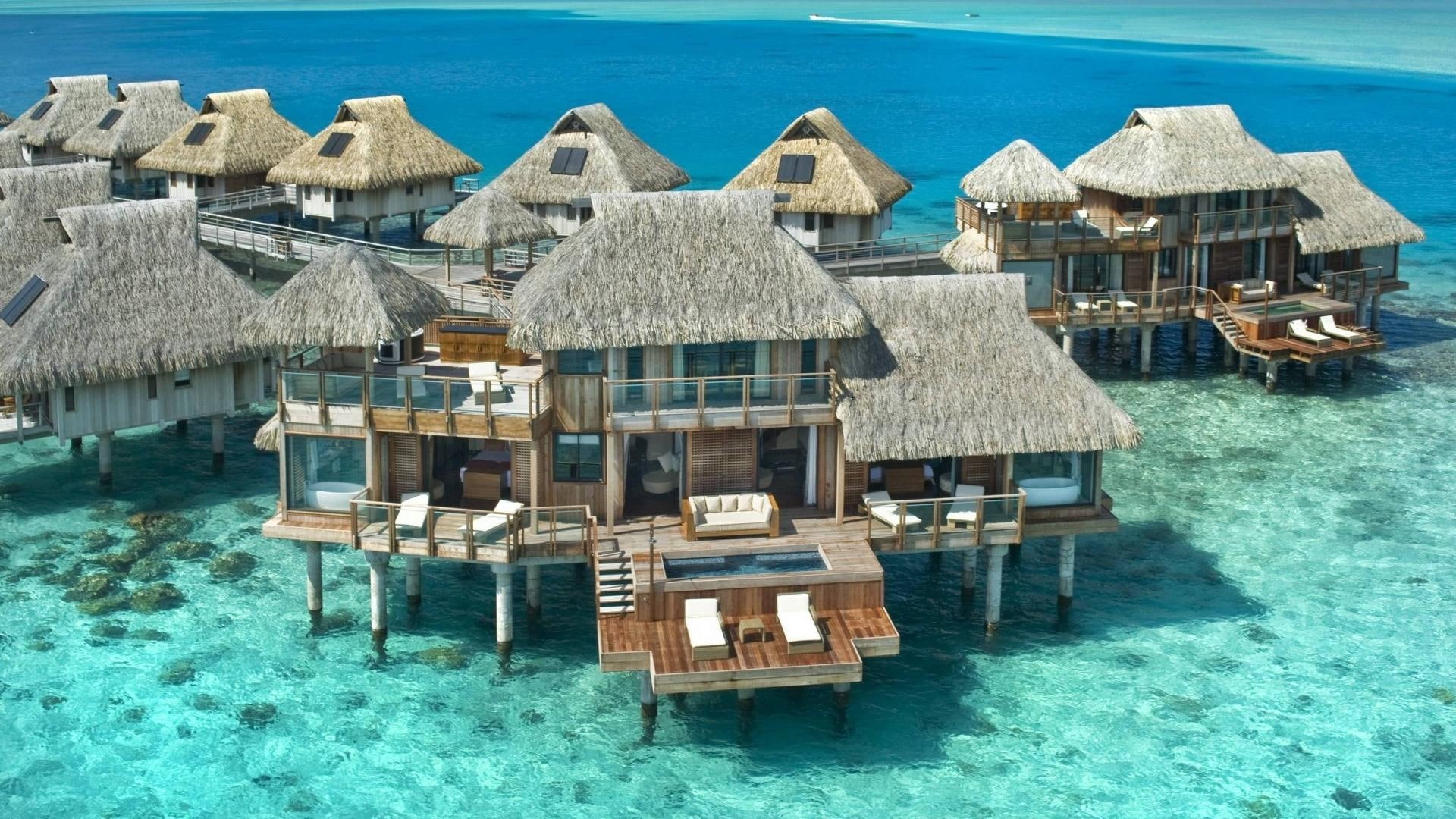 bora, 1080P, water, coral, ocean, hilton, tropical, tahiti, hotel, island, bungalow, atoll, reef, lagoon, sand, water bungalow, HD Wallpaper