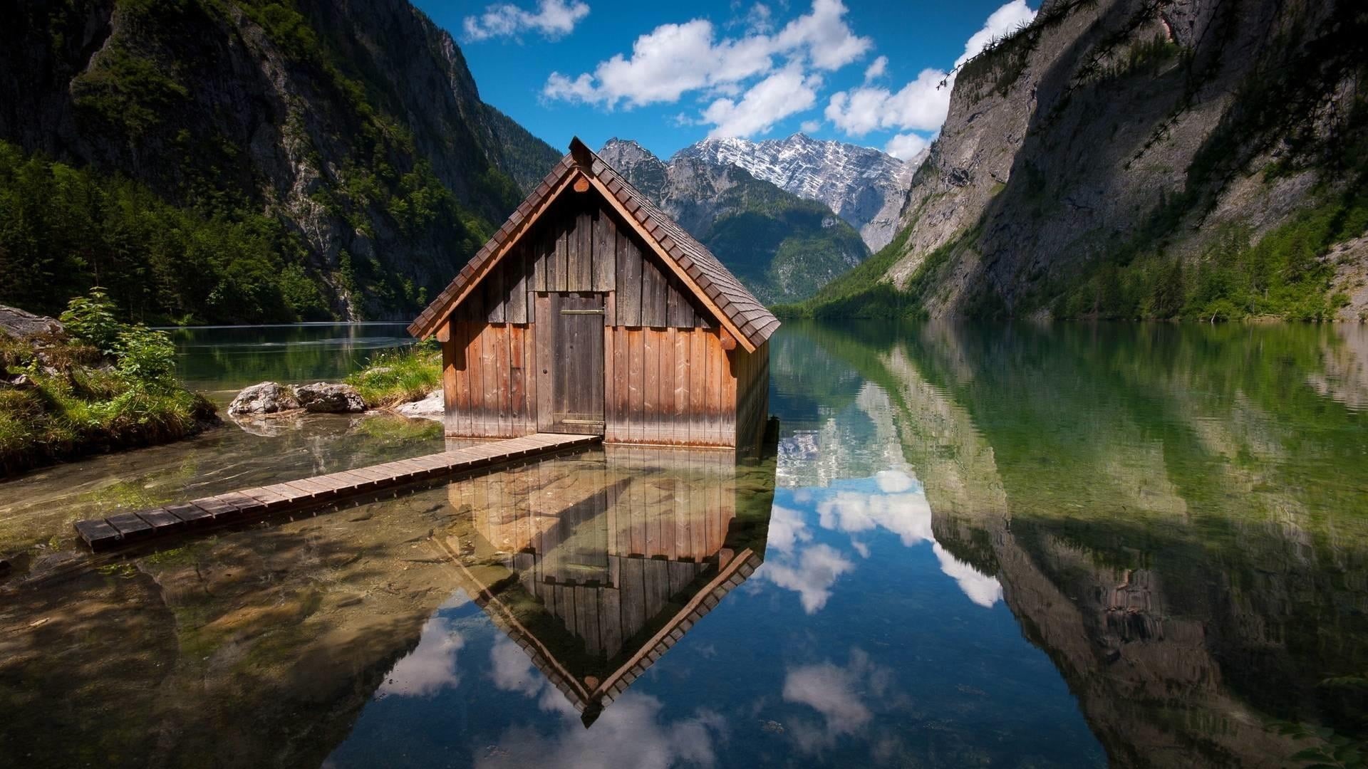 no people, koenigssee, cabin, mountains, mountain, germany, tranquil scene, obersee, berchtesgaden national park, bavaria, boathouse, hills, tree, lake, HD Wallpaper