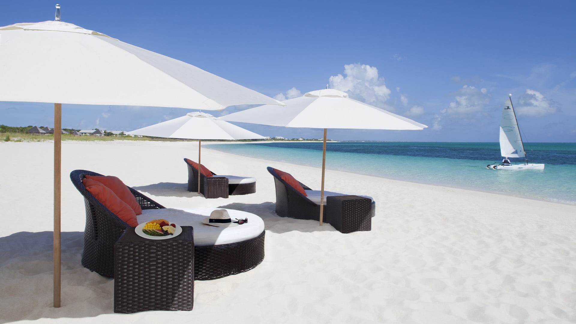 sand, white, beauty in nature, black, tranquil scene, water, chair, summer, outdoors, clouds, travel destinations, parasol, seat, sailboats, land, tranquility, HD Wallpaper