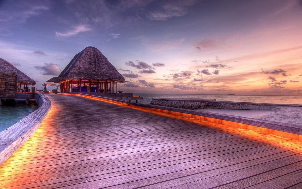 landscape, sea, bar, clouds, tropical, beach, runway, lights, nature, walkway, 480P, Maldives, vacation, nippa, hut, sunset, HD Wallpaper