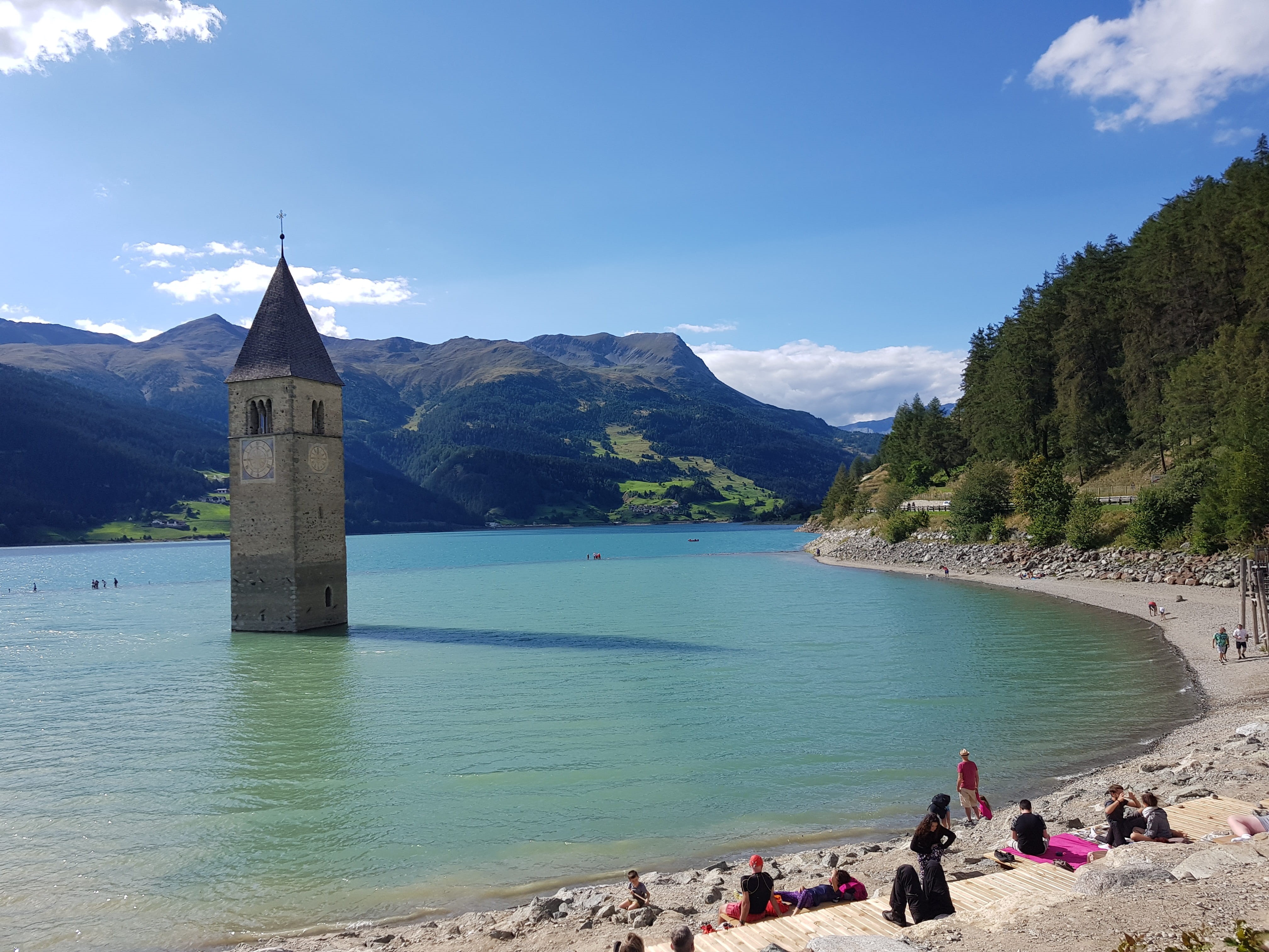 day, beach, beauty in nature, building, land, architecture, mountain range, religion, lake, sky, mountain, building exterior, torre, outdoors, nature, cloud - sky, HD Wallpaper