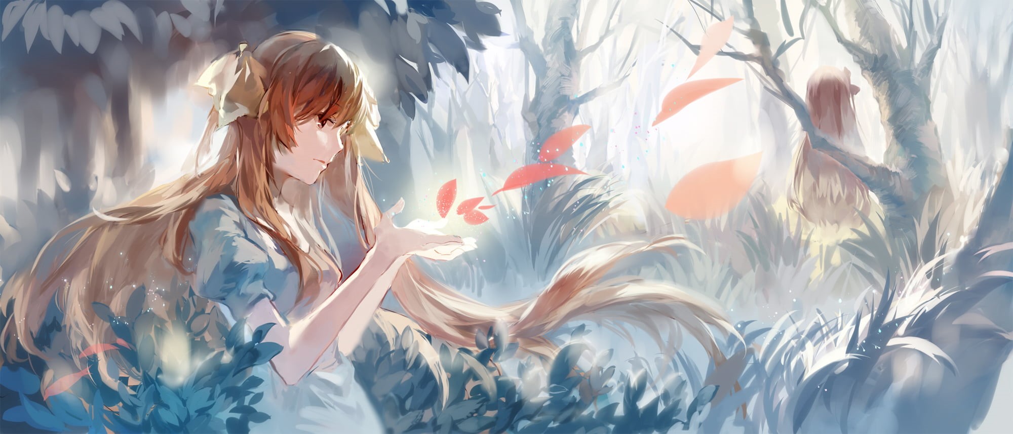 nature, forest, anime girls, 1080P, women, blond hair, hair, leisure activity, young women, young adult, woman, waist up, anime, creativity, lifestyles, HD Wallpaper