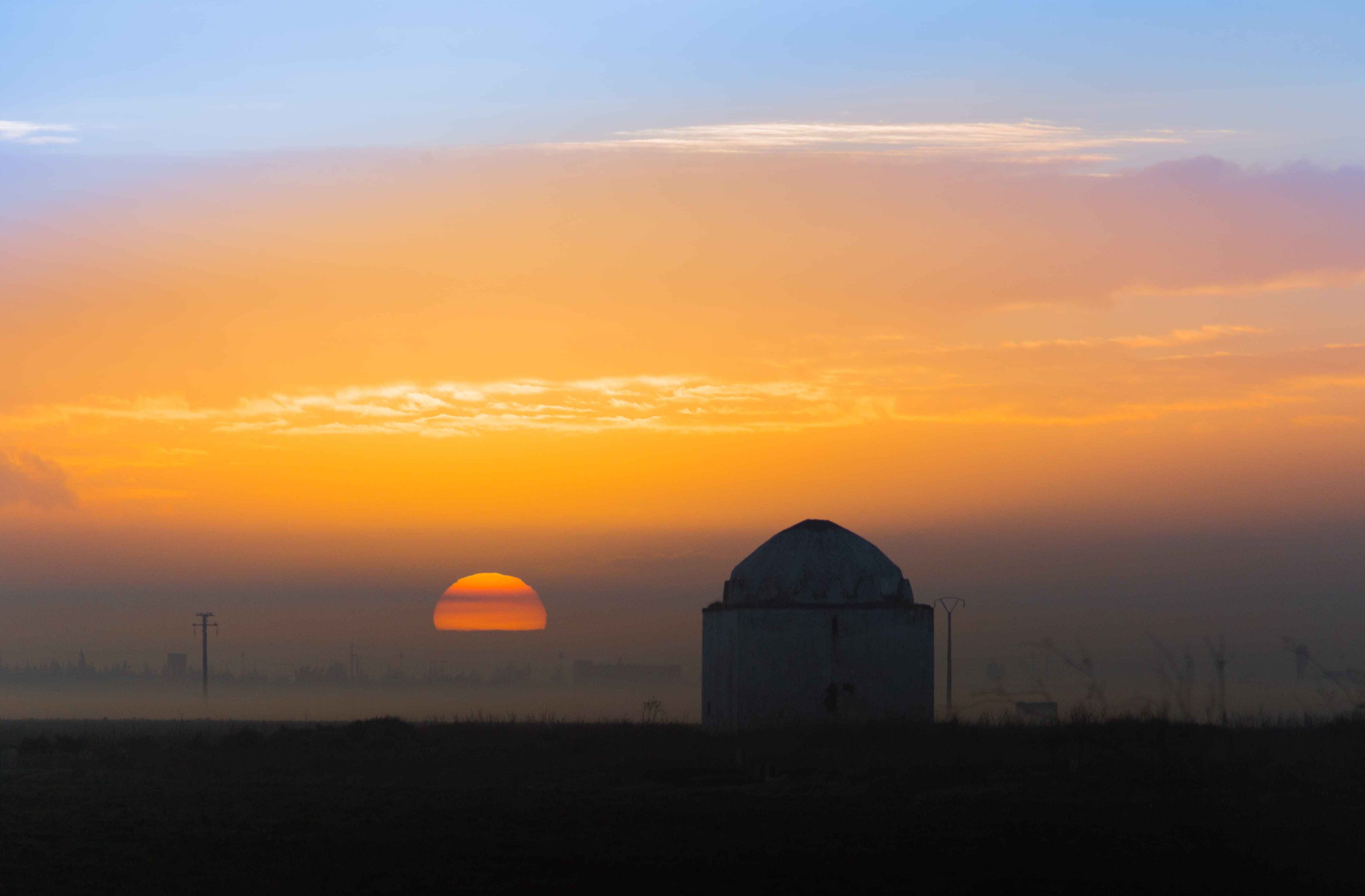 outdoors, nightfall, built structure, orange color, dawn, building, sun, field, sunrise, storage tank, scenics - nature, silhouette, crepusule, no people, HD Wallpaper