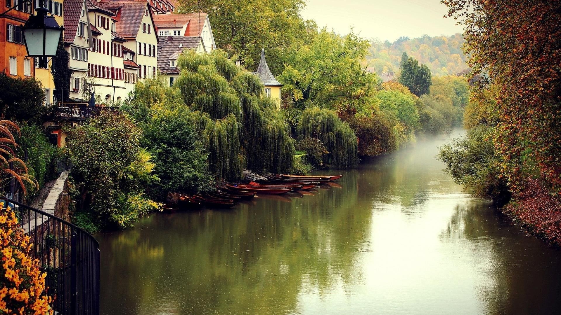 baden-wurttemberg, waterway, house, europe, nature, canal, autumn, tubingen, river, houses, riverfront, village, neckar, germany, holderlinturm, 1080P, HD Wallpaper
