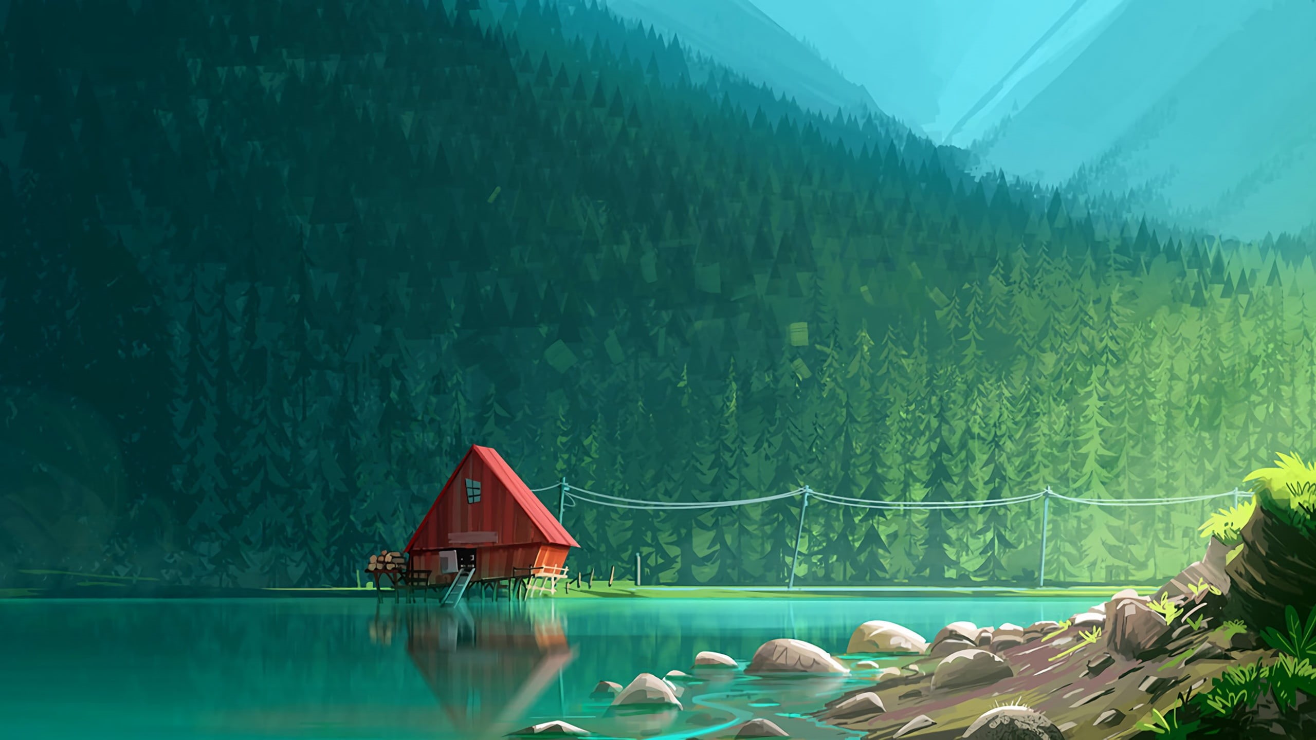 lake, 2K, artwork, forest, sawmill, HD Wallpaper