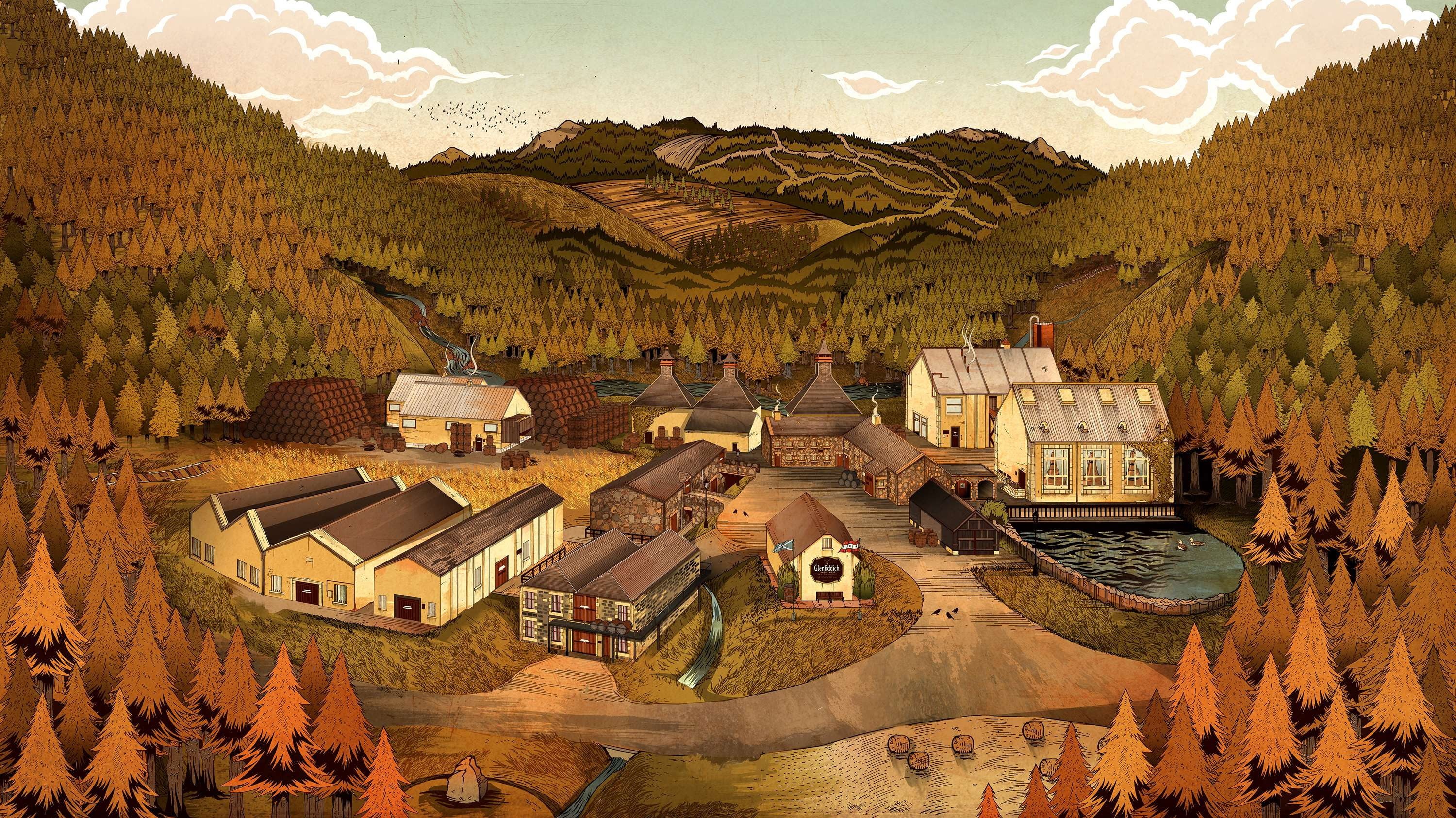 Village, Landscape, Mountains, Art, Autumn, Nature, Houses, Forest, Hills, Sawmill, Home, Tree, 2K, House, HD Wallpaper