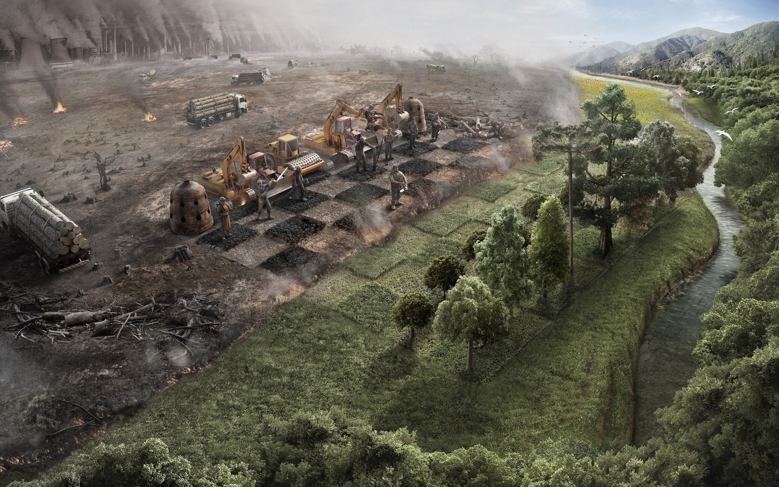 nature, trees, fire, chess, industrial, destruction, 2K, construction vehicles, dark humor, plants, grass, environment, abstract, digital art, lake, HD Wallpaper