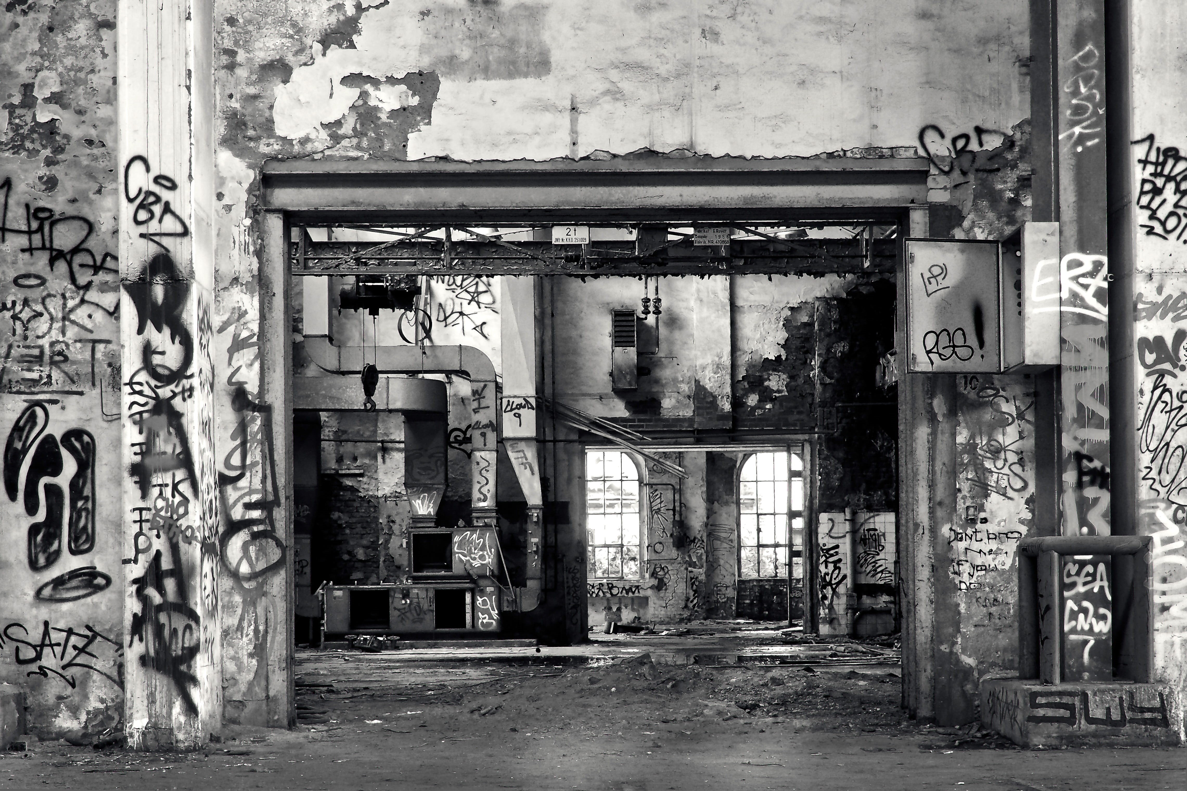 factory building, destroyed, building, break up, dark, rooms, old, gloomy, past, broken, sw, industrial plant, entrance, lost places, architecture, wall - building feature, HD Wallpaper